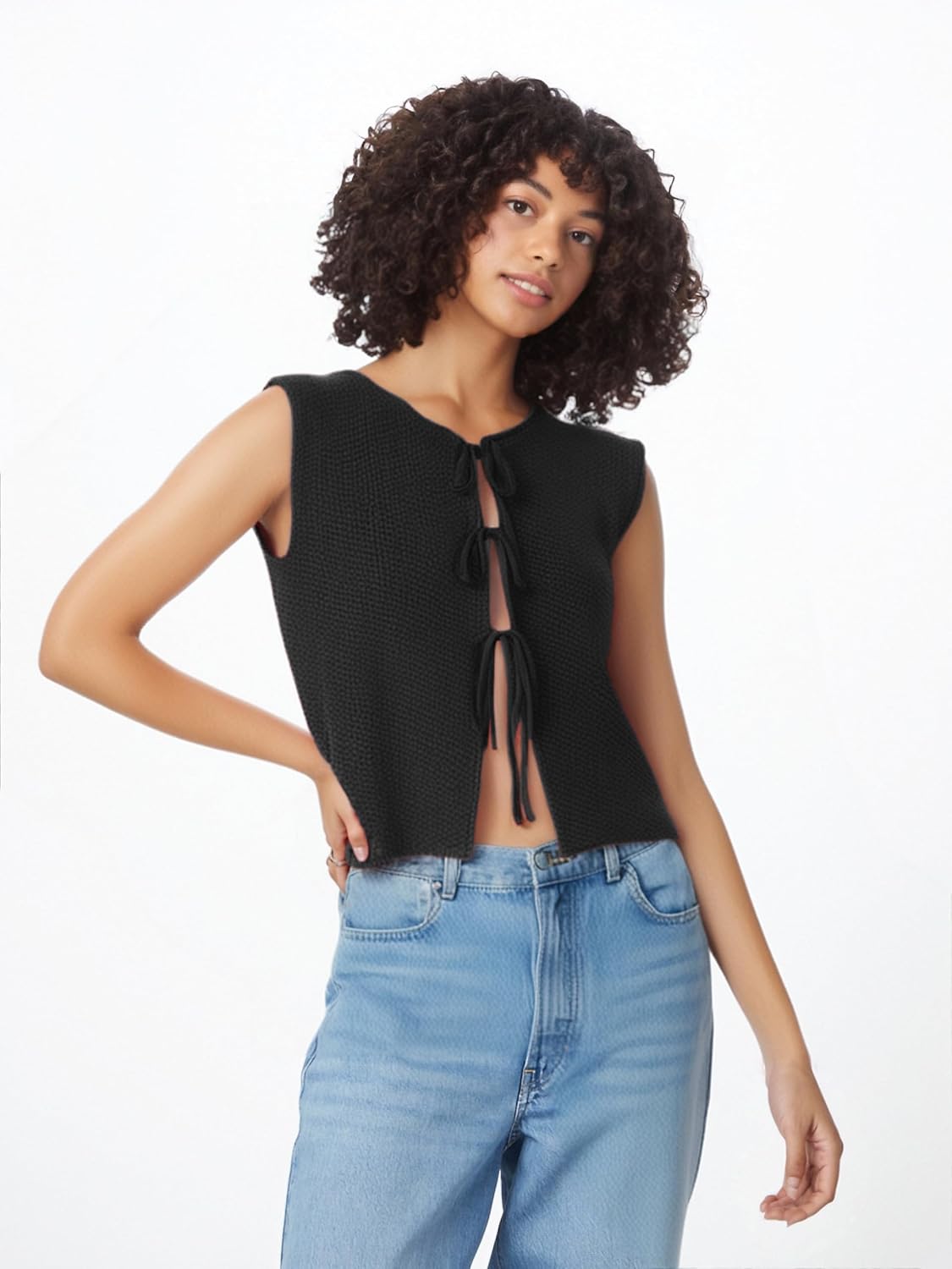 Mansy Women Tie Front Vest Top Y2k Knit Crew Neck Sleeveless Crop Sweater Tank Vintage Casual Streetwear Black M - Image 6