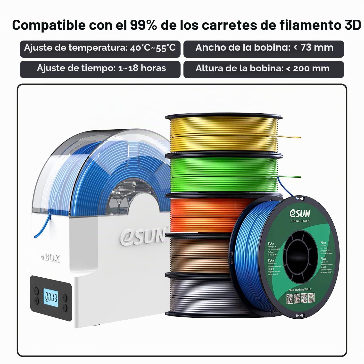 eSUN eBox Lite Actualizado Caja Secado de Impresora 3D Filamento, Caja Secadora Almacenamiento, Mantener Filamento Seco Durante Impresión 3D, Compatible con Filamento PLA PETG ABS, Soporte de Carrete
