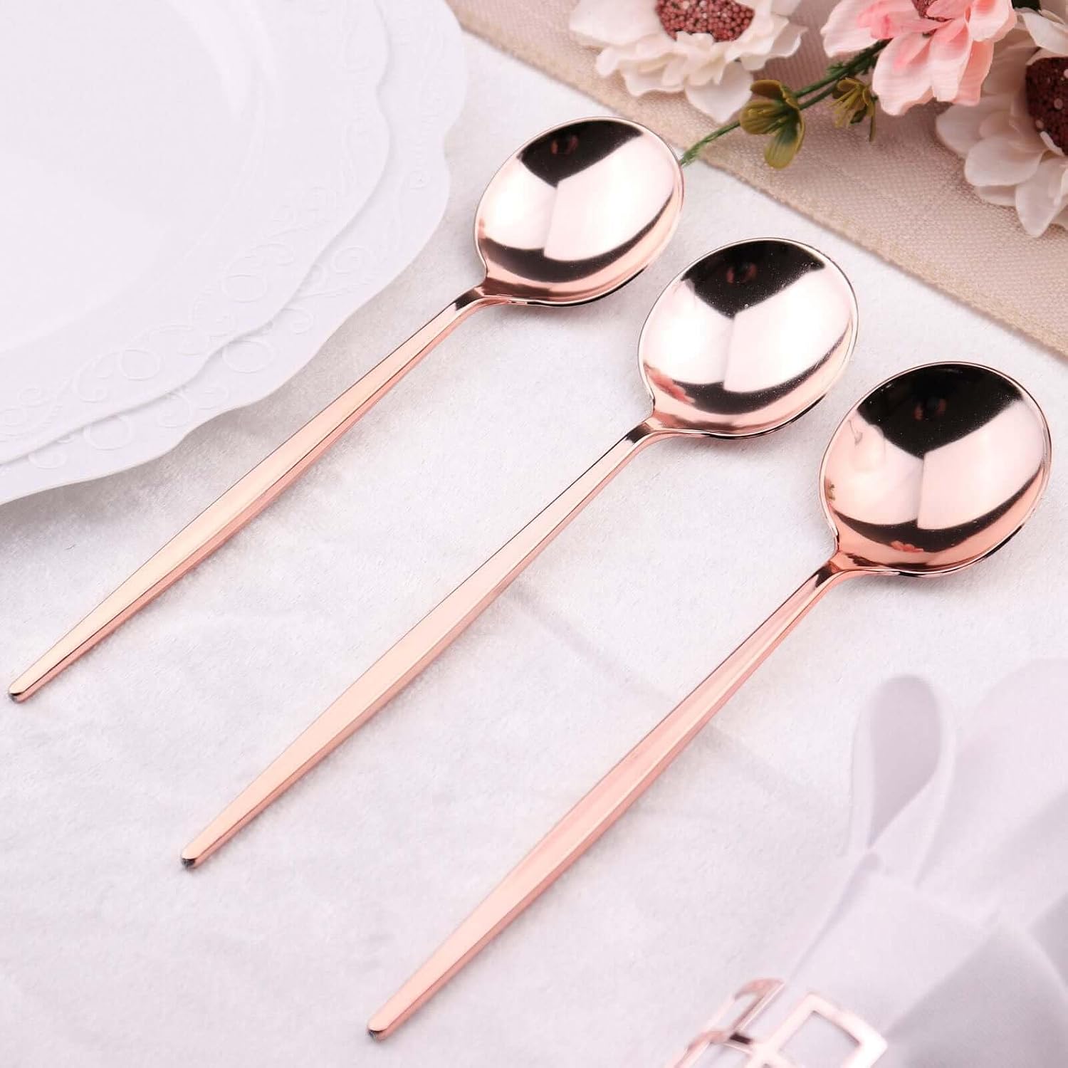 Efavormart 24 Pcs 8" Glossy Rose Gold Heavy Duty Disposable Spoons, Elegant Metallic Accents for Garden Tea Parties and Baby Showers