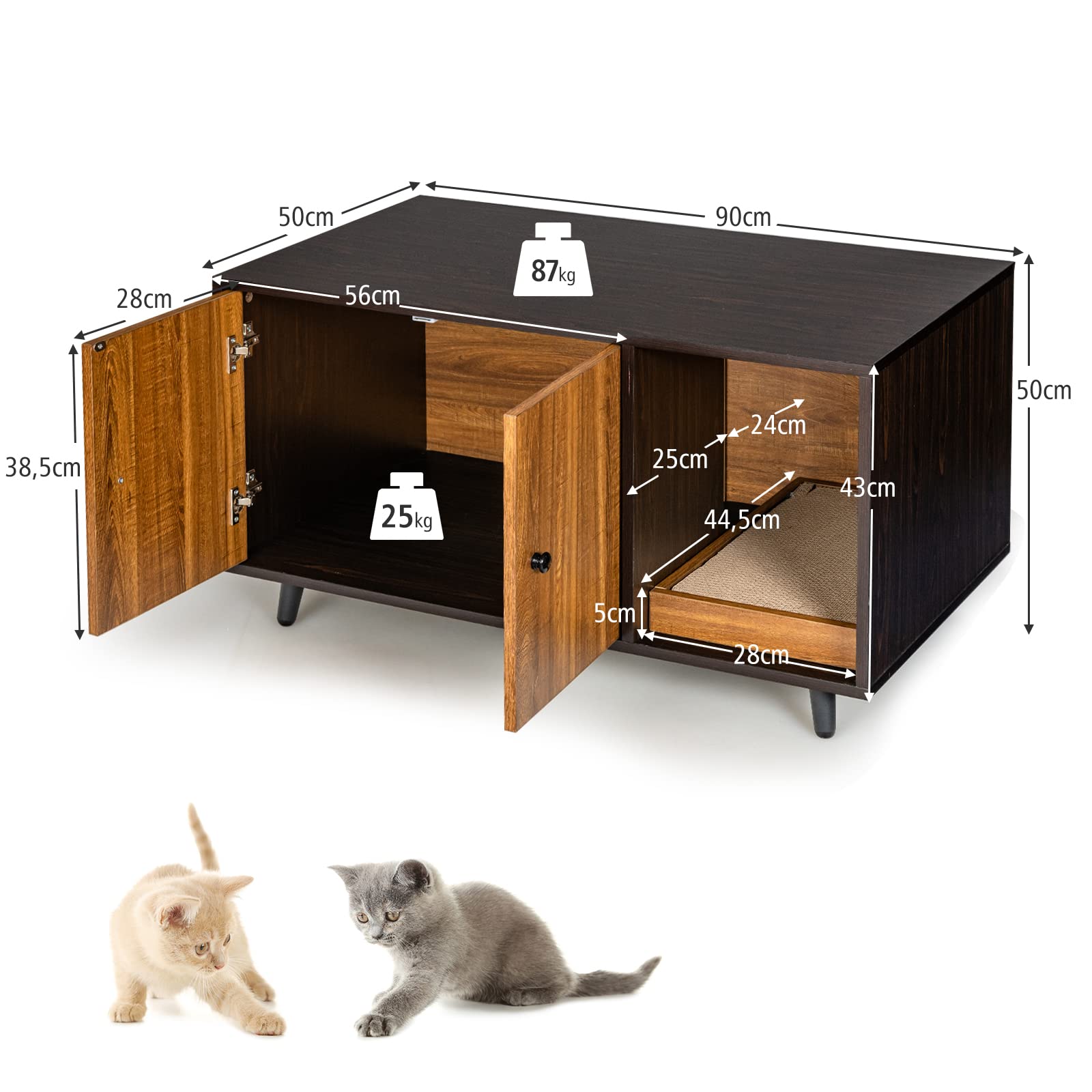 GOPLUS Armario para gatos 2 en 1 para arenero, casa de gatos de madera con puertas, patas de acero, caja rascador extraíble, resistente al agua y a los arañazos, cueva para gatos y mascotas, 90 x 50 x