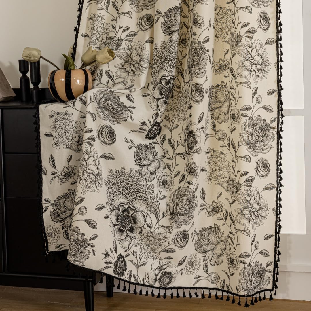 F-CHU Boho Curtains for Living Room 96 Inch Length French Country Floral Drapes Farmhouse Rustic Vintage Window Curtain Panels for Bedroom Chic Cotton Linen Closet Curtains，2 Panel
