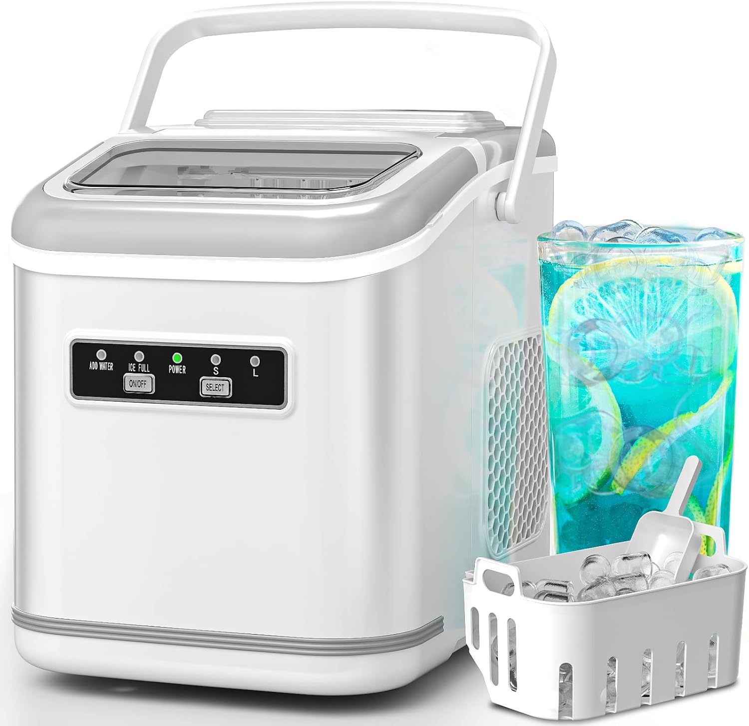 Countertop Ice Maker Machine, Portable Compact Small Bullet Ice Maker with Self Cleaning Function Makes 9 Cubes in 6 Minutes, Up to 26lbs in 24 Hours, Ideal for Camping Dorm Home Outdoor Use (White)