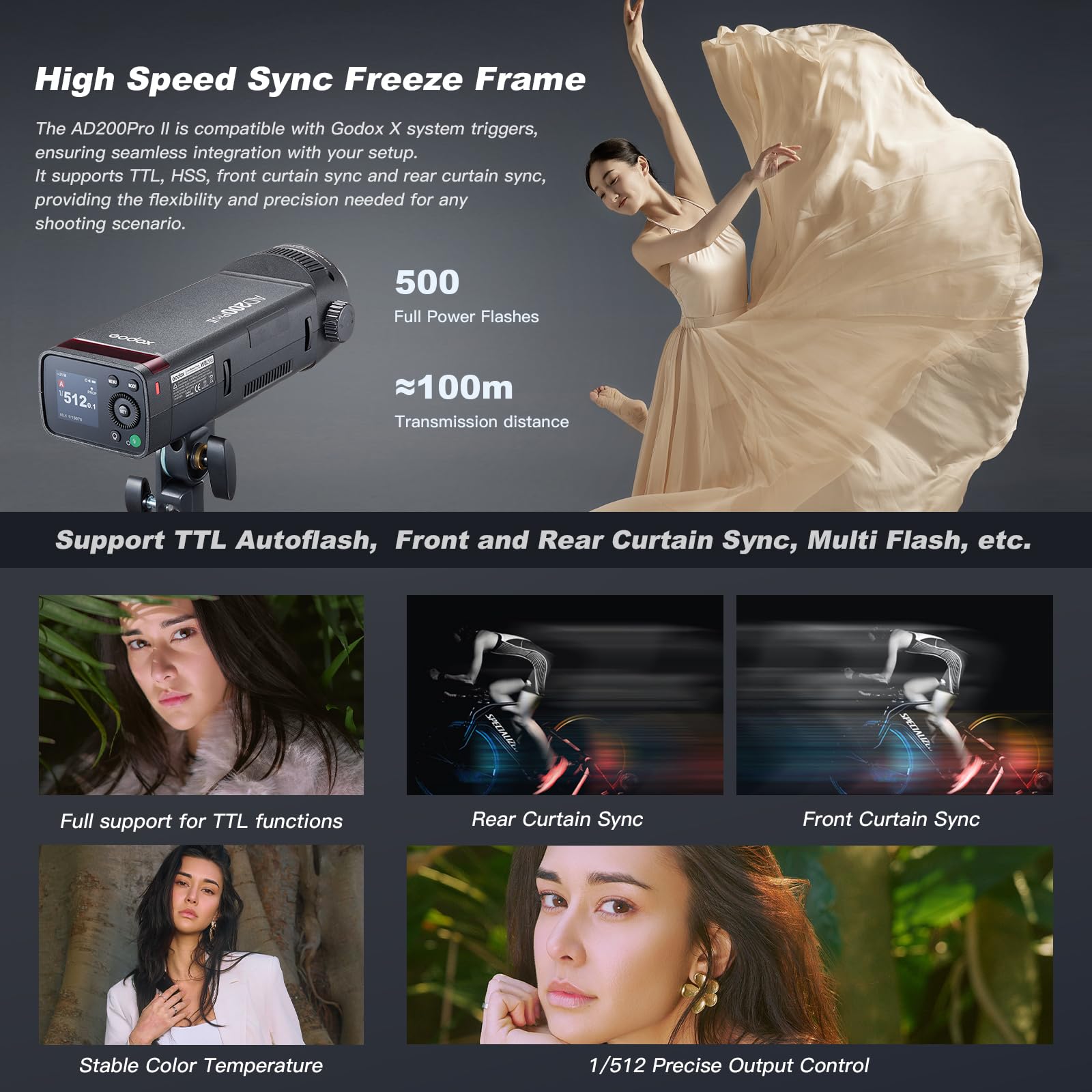 GODOX AD200ProII - Flash de bolsillo actualizado de 200 W, 2,4 G, 1/512 a plena potencia, ajuste de potencia de 10 niveles, temperatura de color modo constante ± 100 K