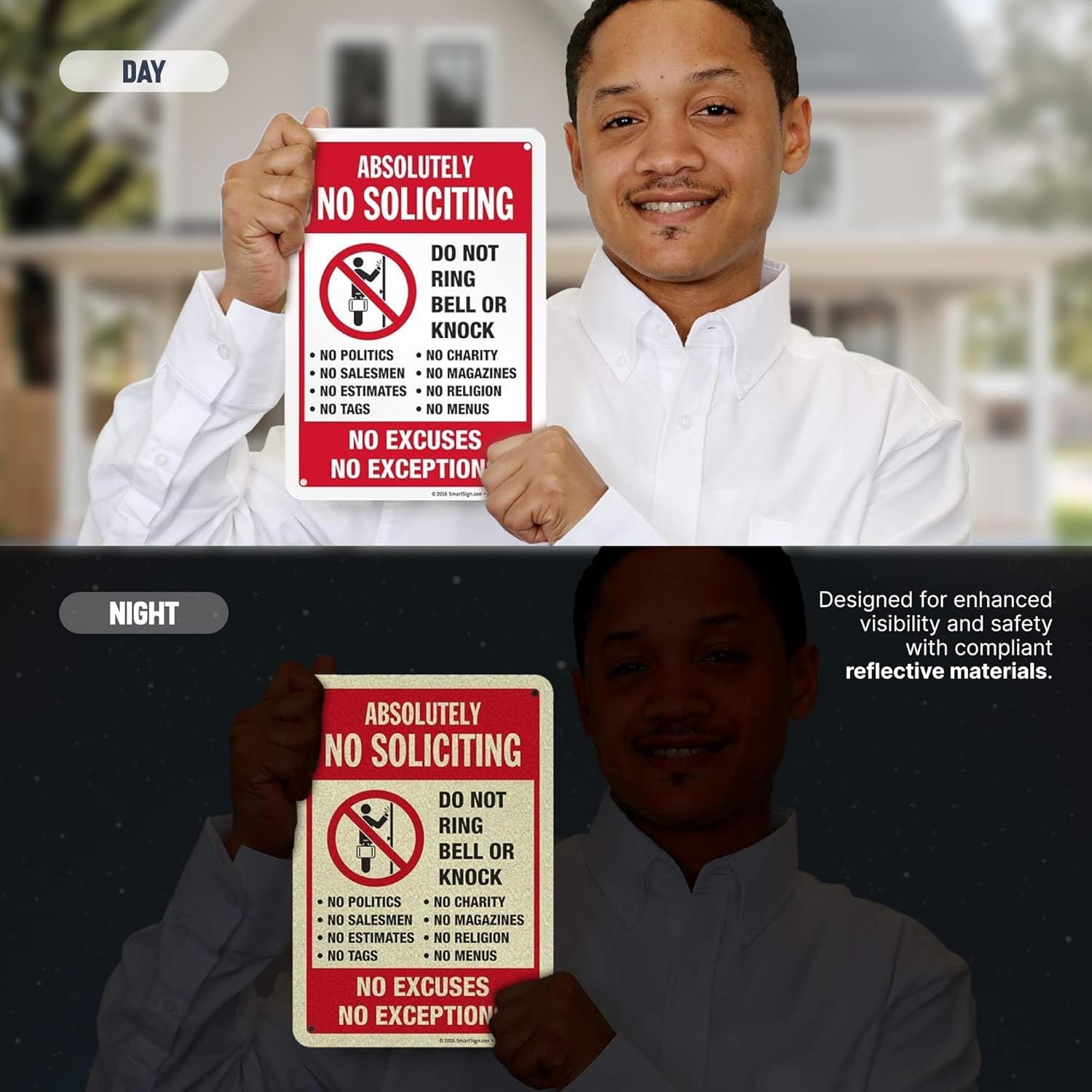 SmartSign 10" x 7" 'Absolutely No Soliciting Do Not Ring Bell No Excuses No Exceptions' Metal Sign, 40 mil Aluminum 3M Laminated Engineer Grade Reflective Material, Red/Black/White, USA-Made - Image 5