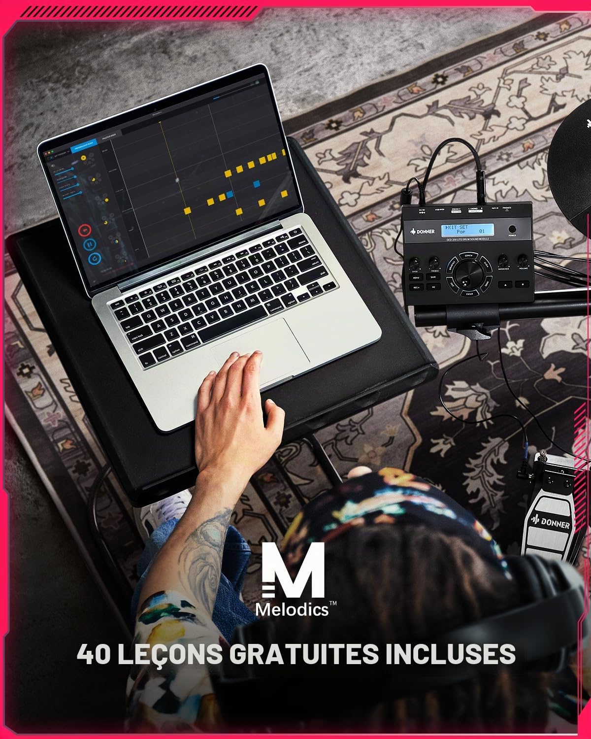 Donner DED-200Lite Batterie electronique pour débutants avec plus de 450 sons et 30 kits, MIDI USB, 4 pads silencieux en mesh, siège, casque, baguettes et 40 leçons mélodiques