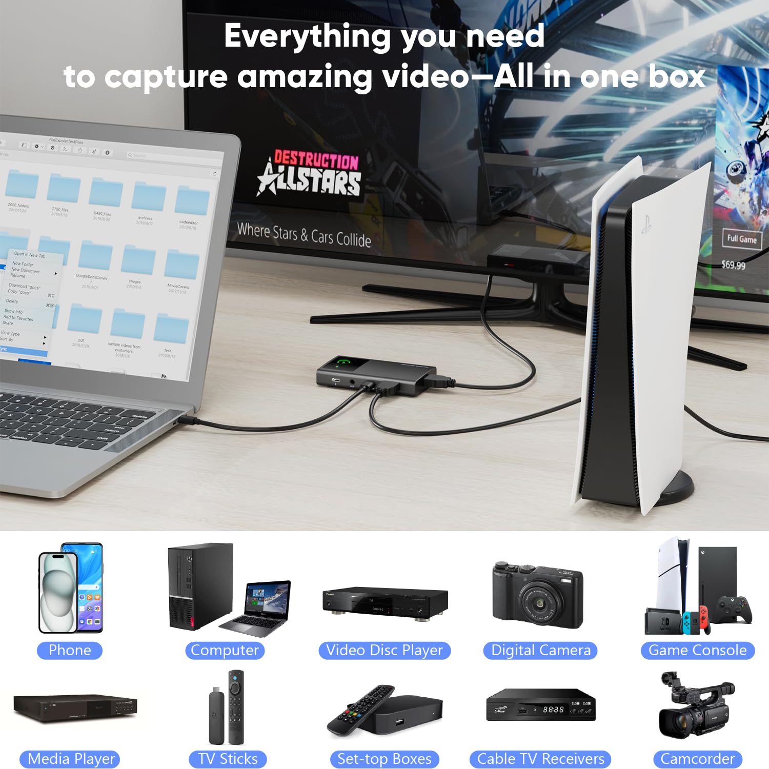 4K 60FPS Portable Video Recoder-Capture Card for Streaming,HDMI or DisplayPort over USB-C,AUX Earphone monitoring,Compatible with Phone,Media Player,Computer,TV Sticks,Video Disc Player..
