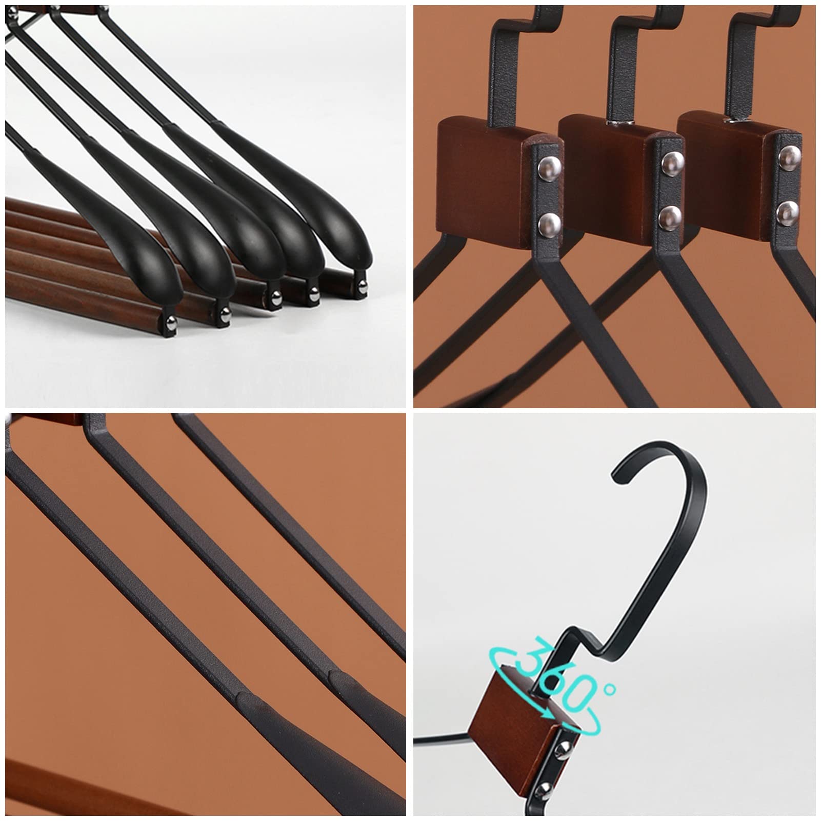 Appendiabiti in Legno in Ferro Battuto Versatile, Spalle Allargate, Gancio Girevole A 360°, Confezione da 10 per Cappotti, Abiti, Pantaloni E Giacche