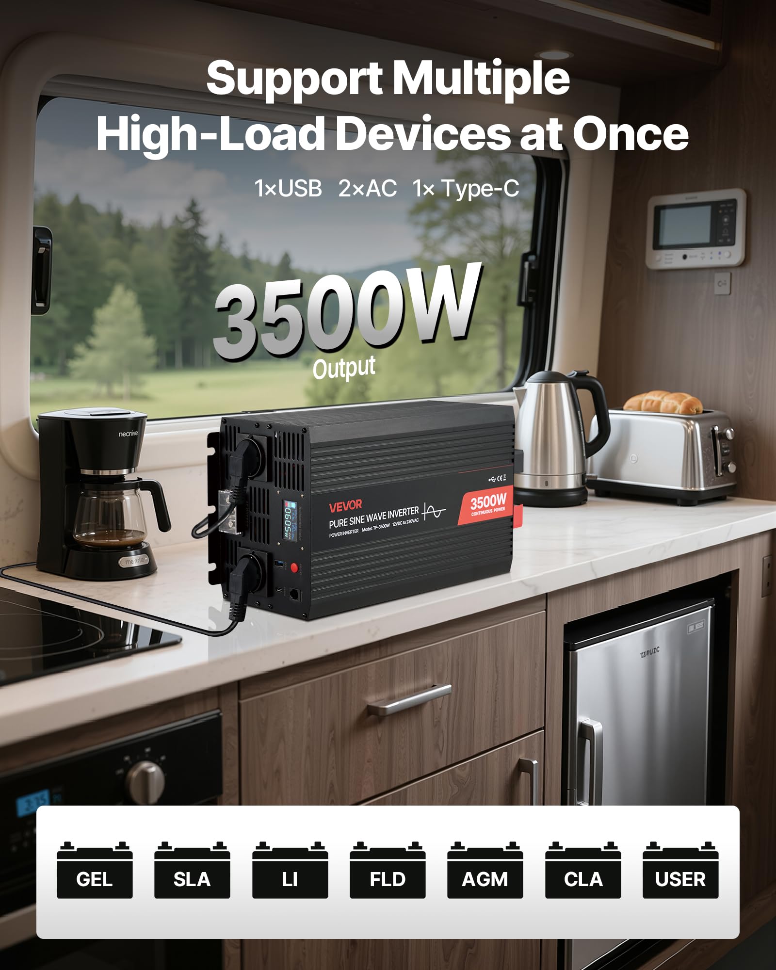 VEVOR 3500 W Wechselrichter, 12 V DC auf 230 V AC, Reiner Sinus-Wechselrichter, Solar-Autoladegerät-Konverter mit LCD-Display, Fernbedienung, USB-Anschluss, 2 AC-Steckdosen, Typ-C-Anschluss