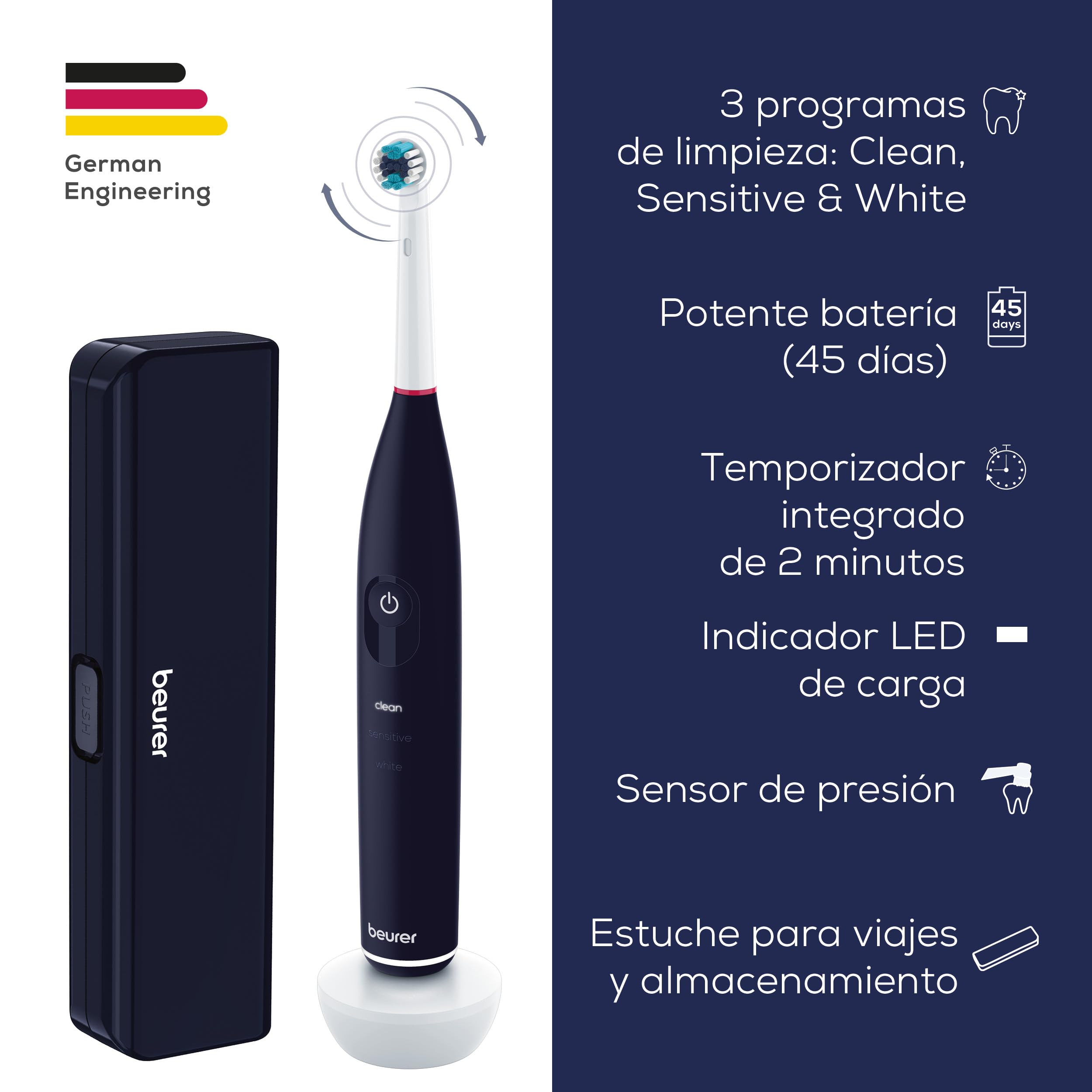 Cepillo eléctrico, 3 programas de limpieza para el cuidado dental, tecnología de limpieza oscilante-pulsante para eliminar la placa, sensor de presión integrado, batería recargable