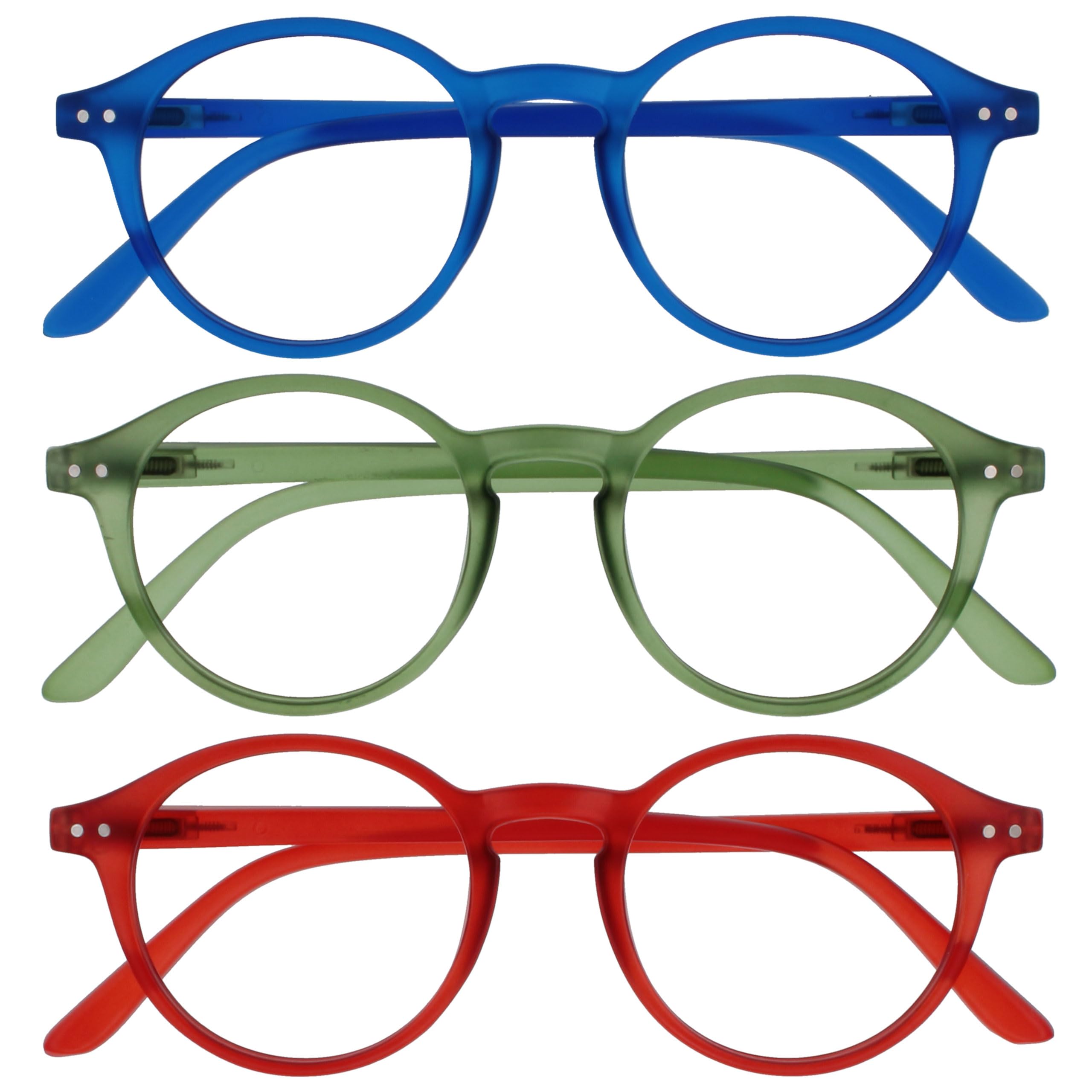 OPULIZE REY Gafas de Lectura - Pack de 3 - Montura Redonda Retro - Azul Mate, Verde, Rojo - Hombre Mujer - Bisagras de Muelle - RRR56-36Z - +2.00 - 1
