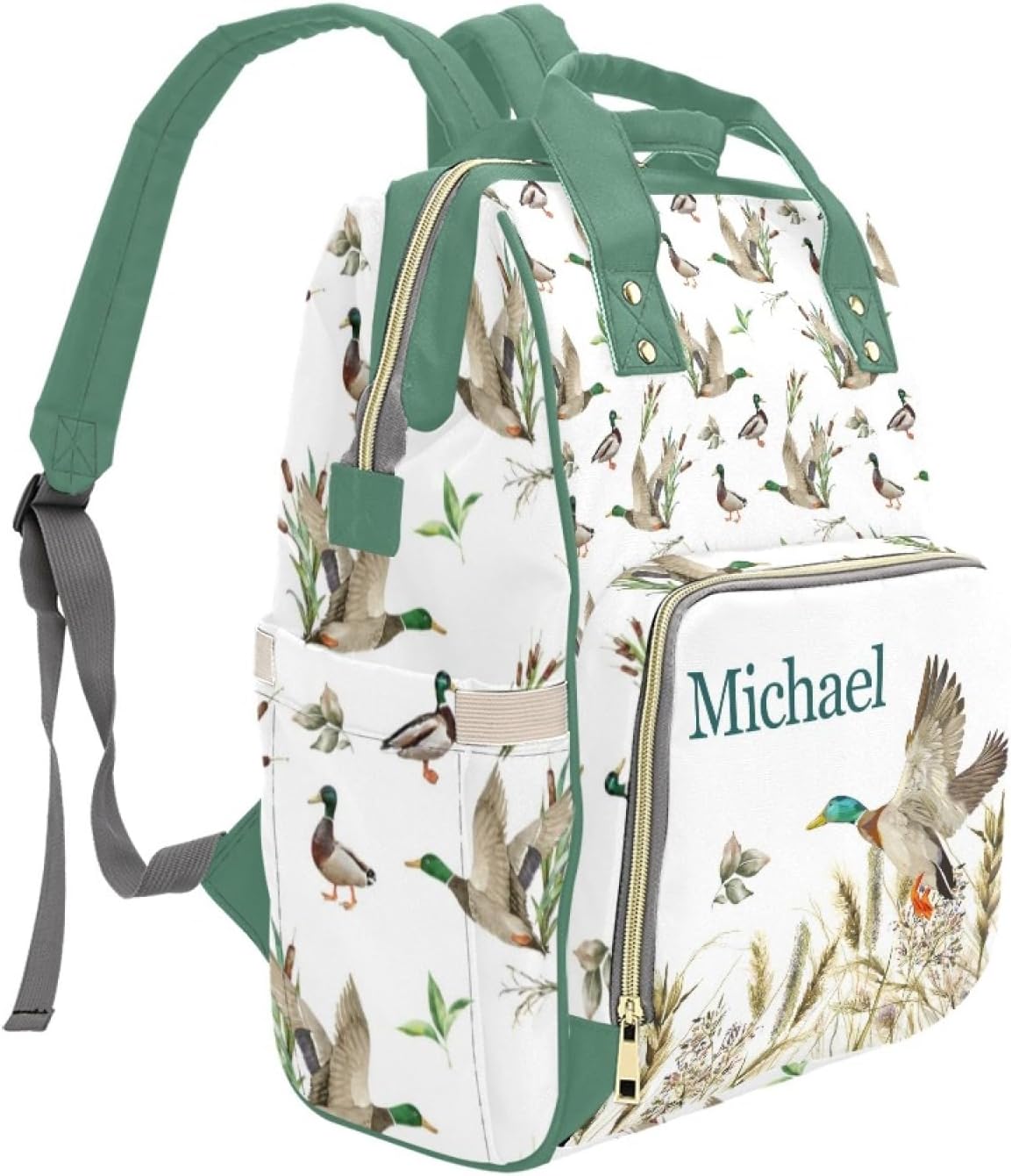 Custom Diaper Bag Backpack for Women, Personalized Name Nursing Mommy Daypack, Diaper Bag for Girls Boys, New Mom Gifts (Mallard Duck)