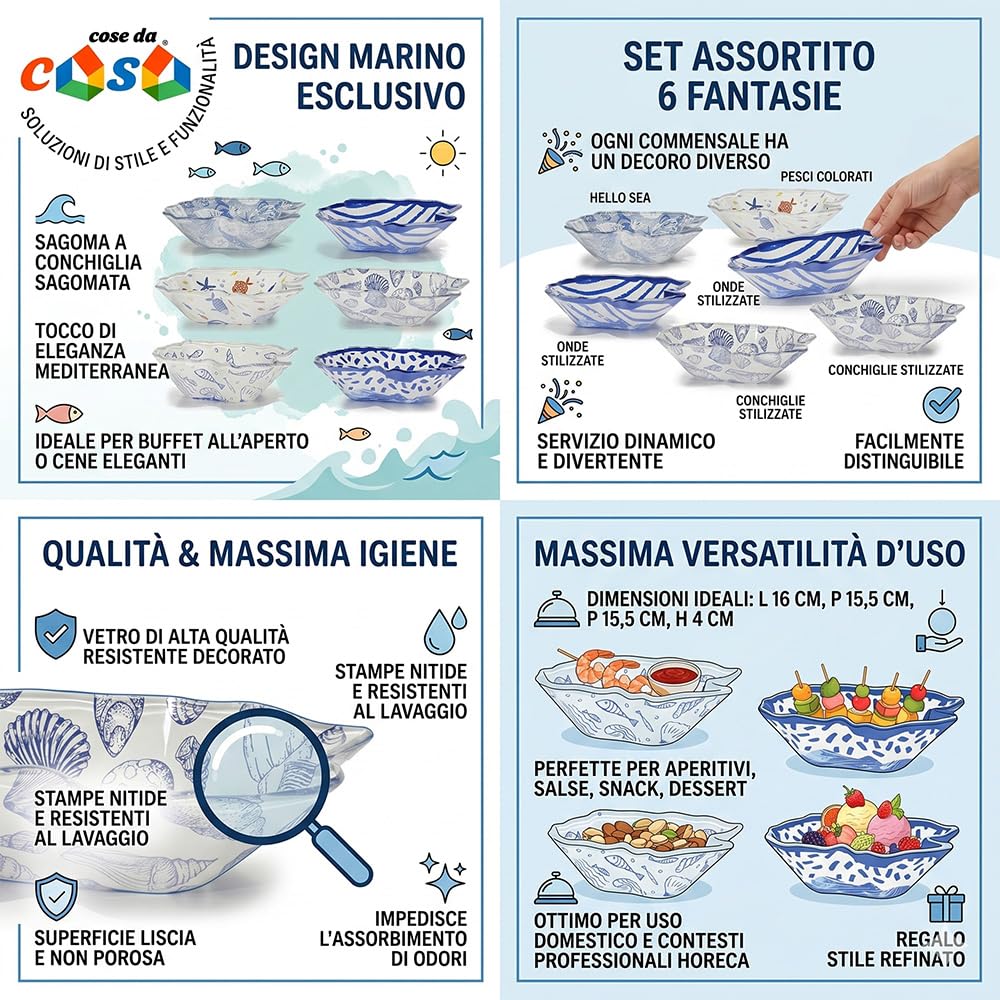 Set 6 Ciotole a Forma di Conchiglia in Vetro Piatti per Aperitivo e Buffet Tema Mare 6 Fantasie Assortite Blu e Bianco L16xP15,5xH4 cm Ideale per antipastiere Tavola Elegante professionali Horeca