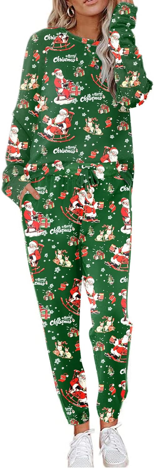 Ekouaer Women's Pajama Set Long Sleeve PJs 2 Piece Lounge Set Pullover Sleepwear Sweatshirt and Long Pants With Pockets Green Santa Claus XX-Large - Image 1 of 4