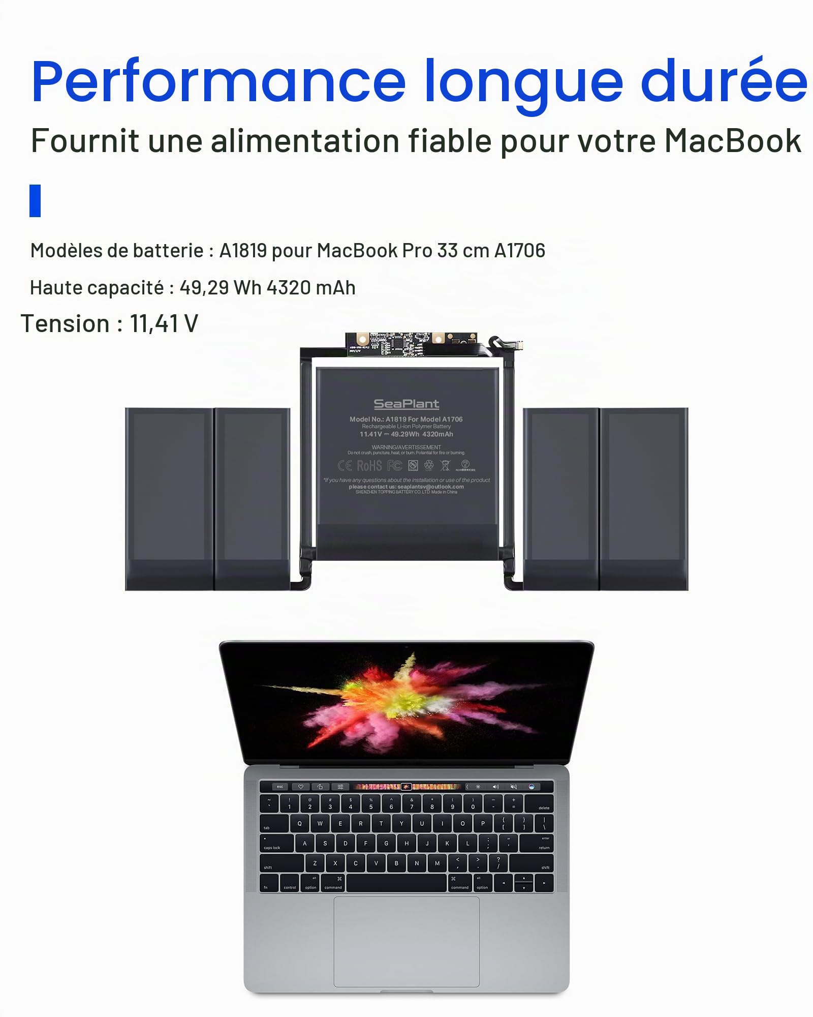Batterie pour MacBook Pro A1706, 13 Pouces, 2016-2017, A1819 | 11,41 V 4320 mAh 49,29 Wh, Modèle de batterie A1819, jusqu'à 1000 cycles, kit d'outils avec 3 tournevis et guide