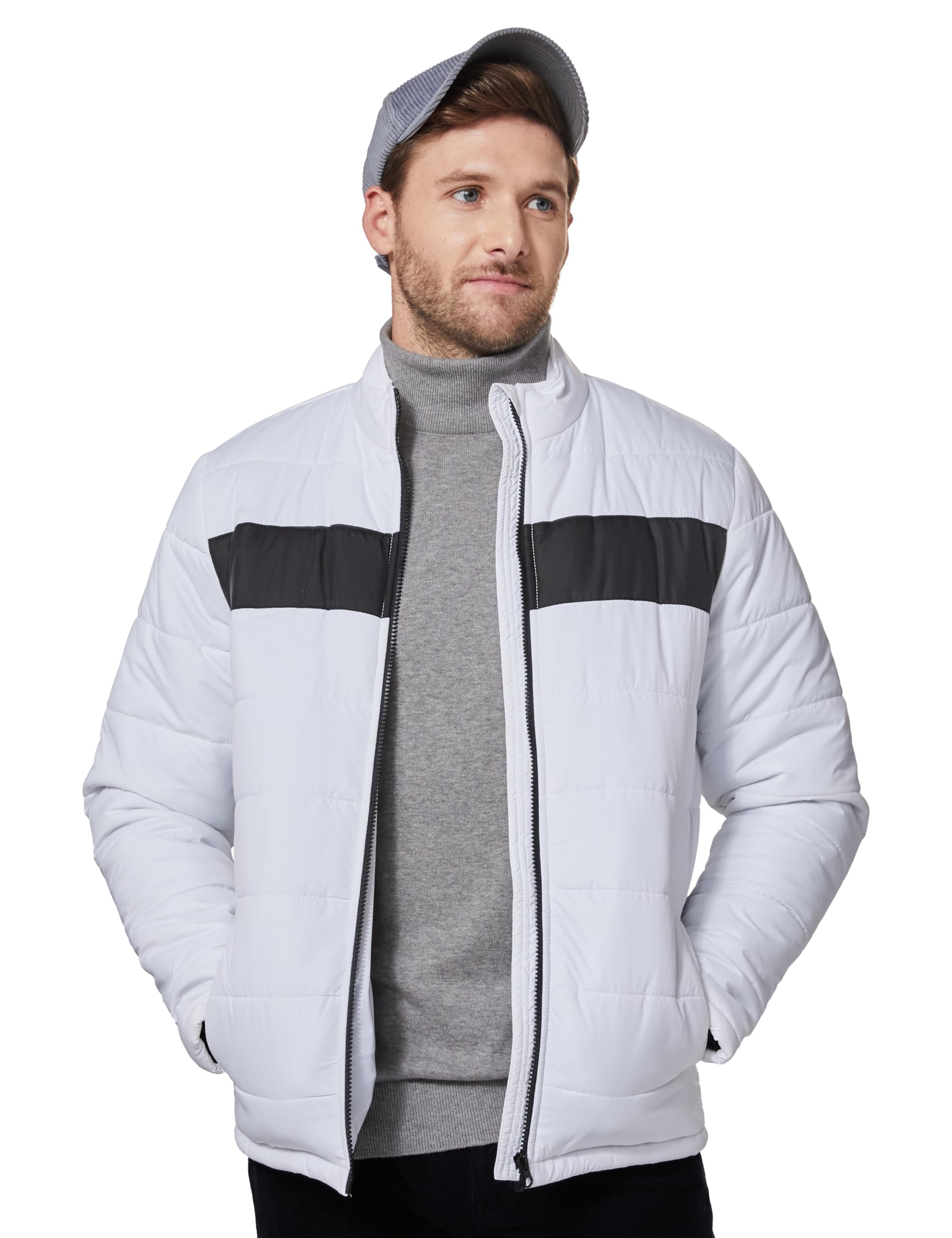 amazon brand - symbol Men's Polyester Quilted Standard Length Bomber Jacket (Previously House & Shields) White Large-picture-19