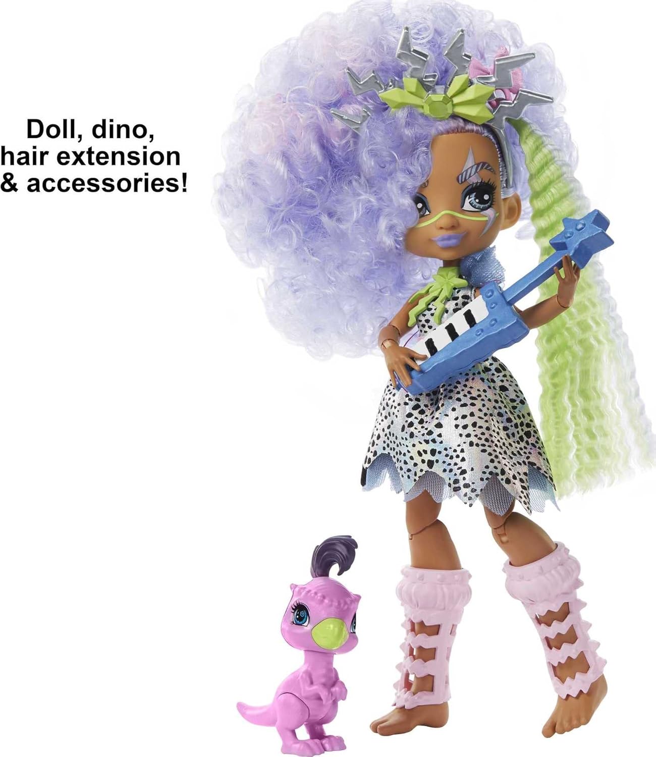 Mattel Cave Club Bashley Doll (8 10-inch, Lavender Hair) Poseable Prehistoric Fashion Doll with Dinosaur Pet and Accessories, Gift for 4 Year Olds and Up
