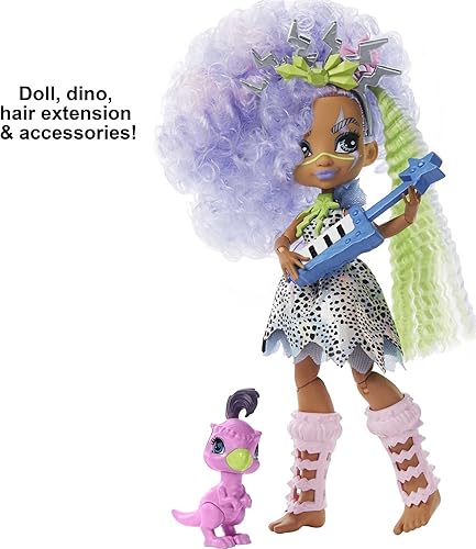 Miniatura 3 de Mattel Cave Club Bashley Muñeca (8-10 pulgadas, pelo lavanda) Muñeca de moda prehistórica posable con dinosaurio mascota y accesorios, regalo para