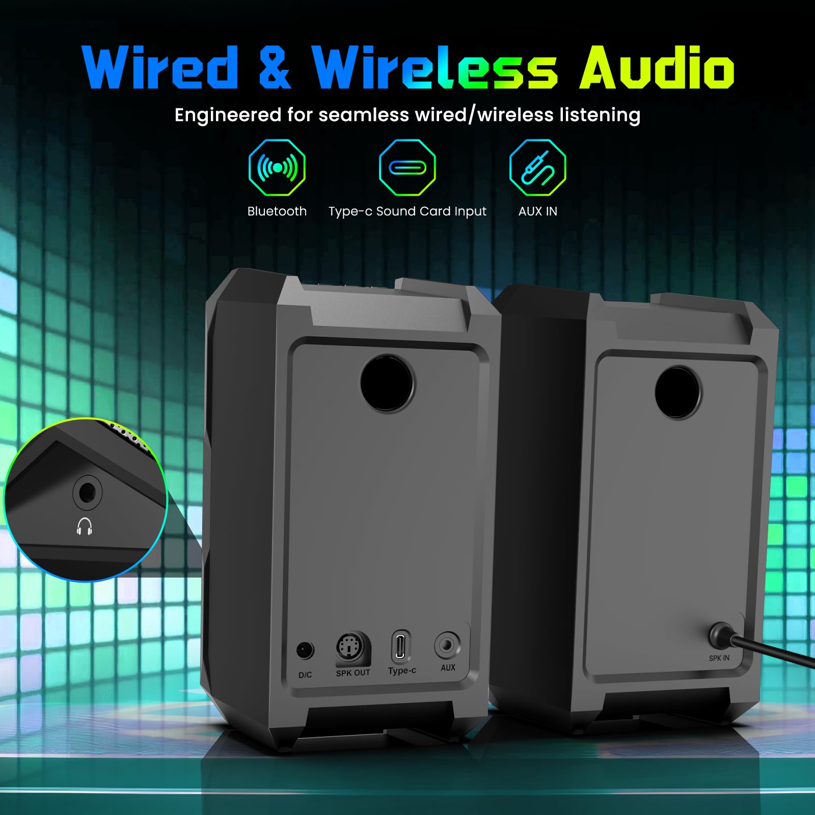 LITTOAK Altoparlanti per computer per musica e giochi, altoparlanti alimentati con adattatore CC per PC desktop o laptop, altoparlante desktop Bluetooth 5.3, 10 modalità RGB, ingresso AUX da 3,5 mm