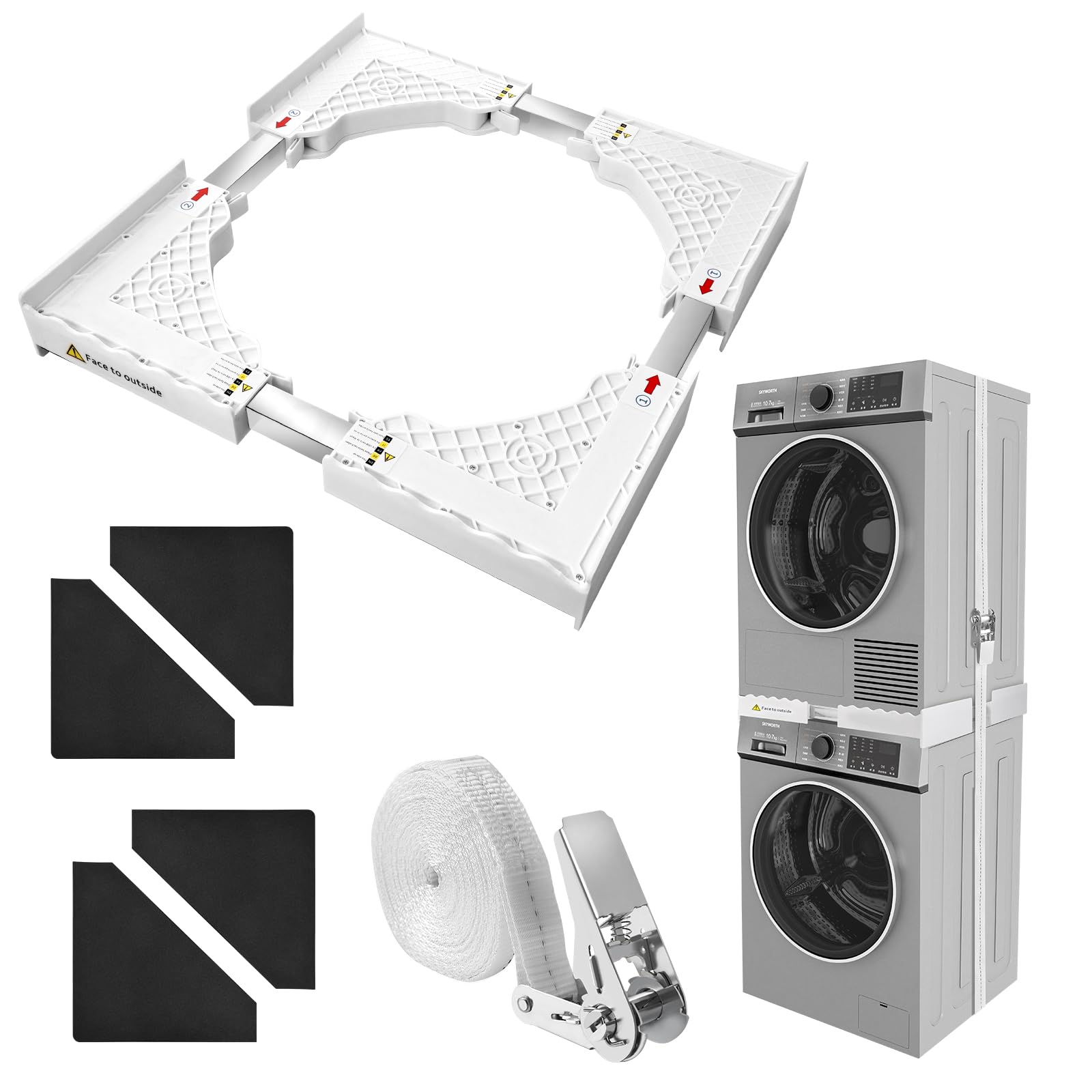 Zanfqvo Soporte Secadora Sobre Lavadora Universal con Cuerda de Trinquete (45-70 cm) | Kit Apilamiento Lavadora Secadora con 8 Amortiguadores, Ahorro de Espacio