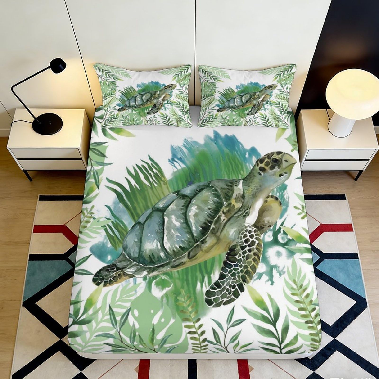 3D Printed Sea Turtle Fitted Sheet Microfiber Soft Breathable Tropical Leaves Mattress Cover for Bedroom Dorm Decor 90x200x25cm