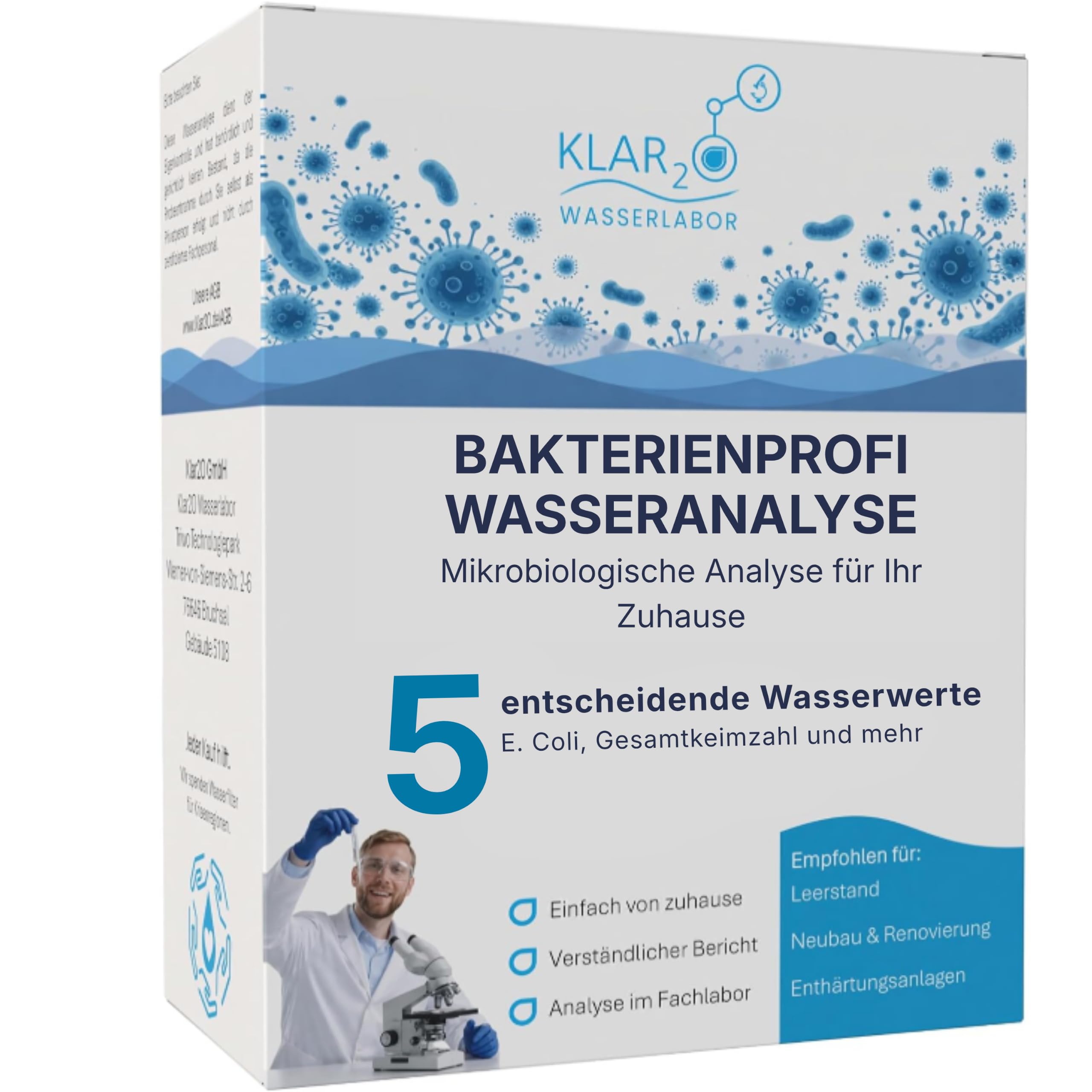 BakterienProfi Trinkwasseranalyse: Labor-Wassertest mit 5 Prüfwerten inkl. E. coli, Gesamtkeimzahl & Wasserhärte