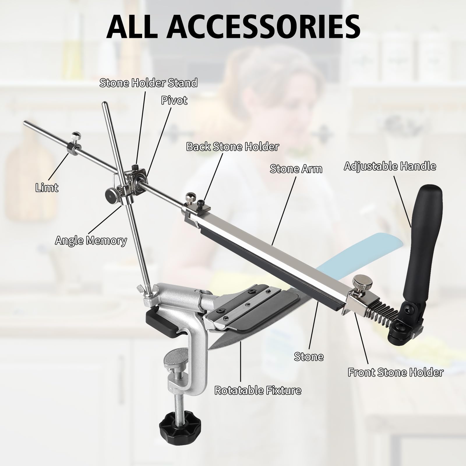 EXLECO 14Pcs Affilacoltelli Professionale Affila Coltelli 360° Otazione Knife Sharpener Angolo Fisso Kit Affilatura Coltelli Sgancio Rapido Affila Coltello con 4 Pietre Affilatura 6 Pietre Diamantate