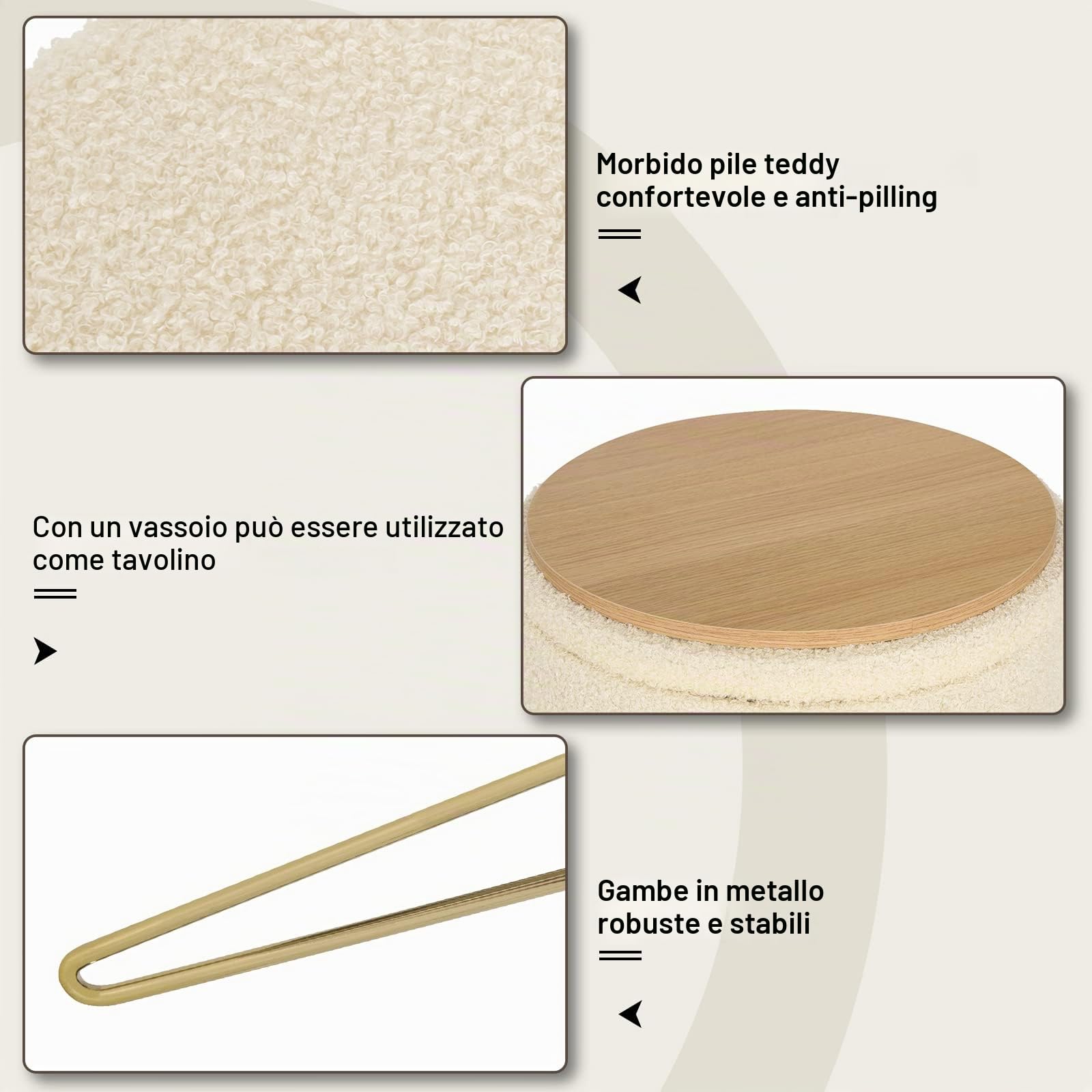 WOLTU Sgabello Contenitore Rotondo, Sgabello per Toeletta Trucco con Coperchio Rimovibile, Pouf Portaoggetti in Tessuto di Pile con Gambe in Metallo, Ø39 x 44 cm, Beige