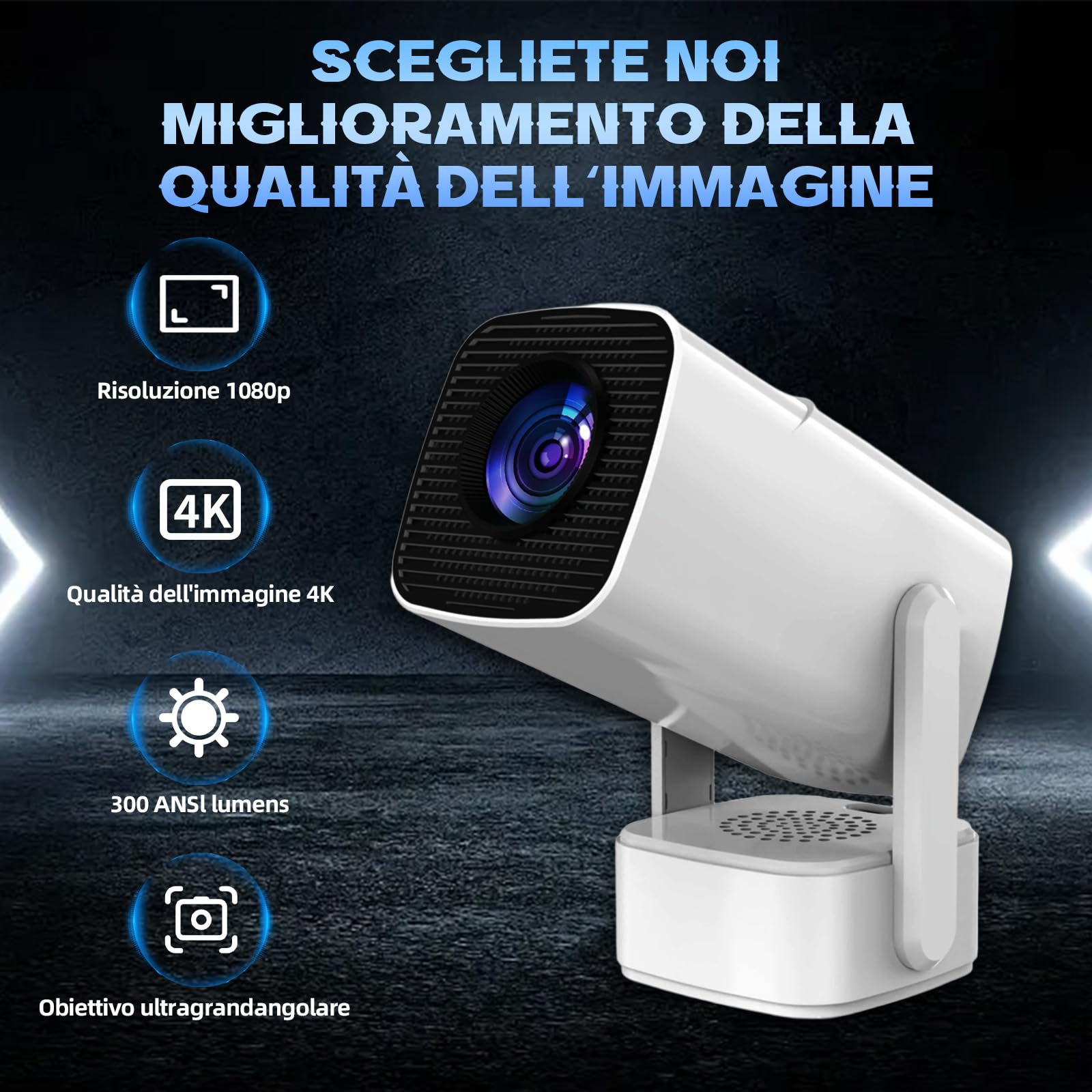 Mini proiettore con HD, 150 ANSI Lumen, risoluzione 1280x720P, proiettore cinematografico portatile per camera da letto, home theater e uso esterno,altoparlante (bianco)