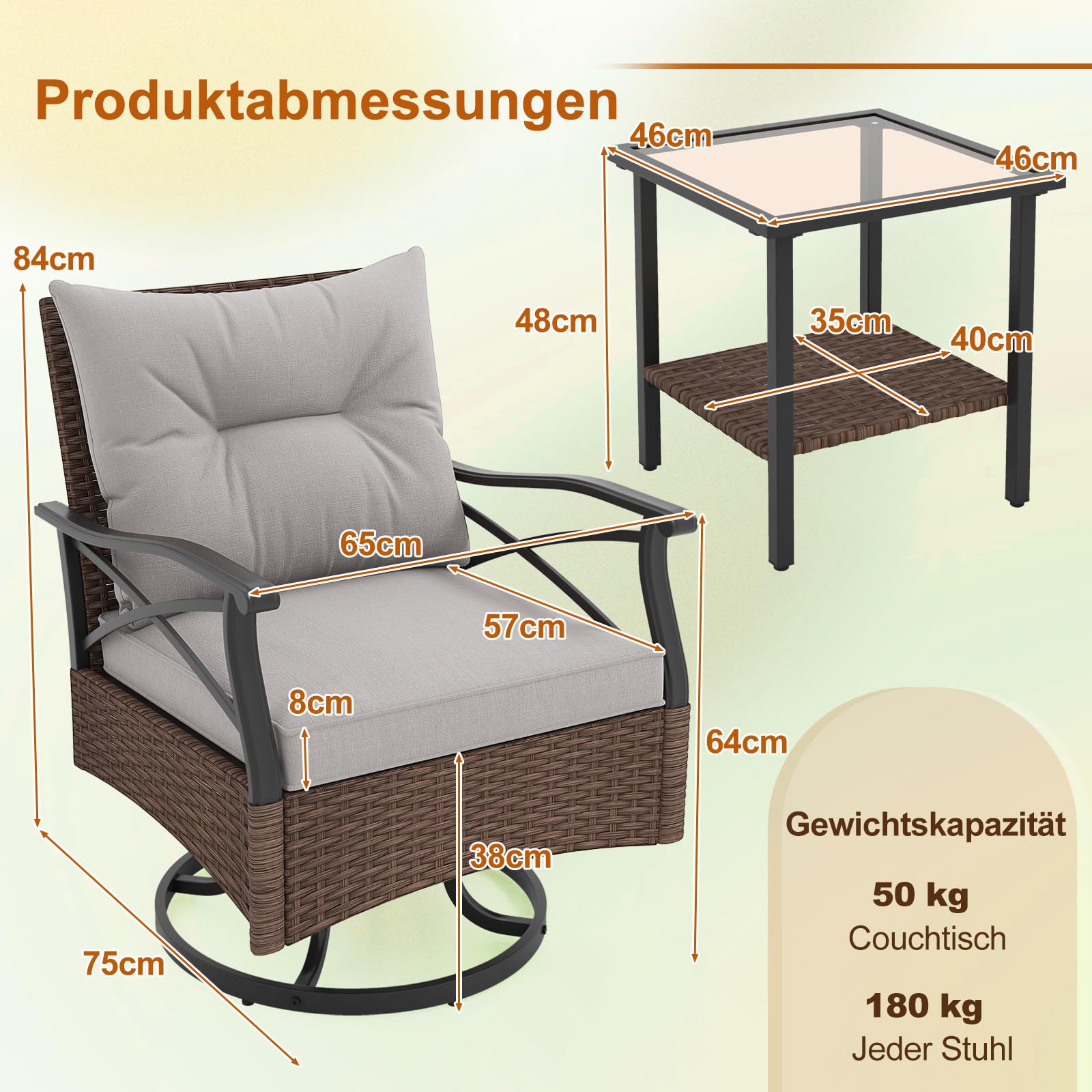 COSTWAY Rattan Gartenmöbel Set, Balkonmöbel inkl. 2 Schaukelstühle mit Drehfunktion, Kissen & Tisch, Balkonset, Terrassenmöbel, Gartengarnitur, Sitzgruppe für Garten, Balkon, Terrasse