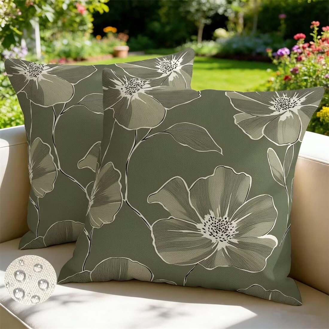 Housses de coussin fleurs pour extérieur et jardin, lot de 2 taies 80x80 cm étanches vert sauge