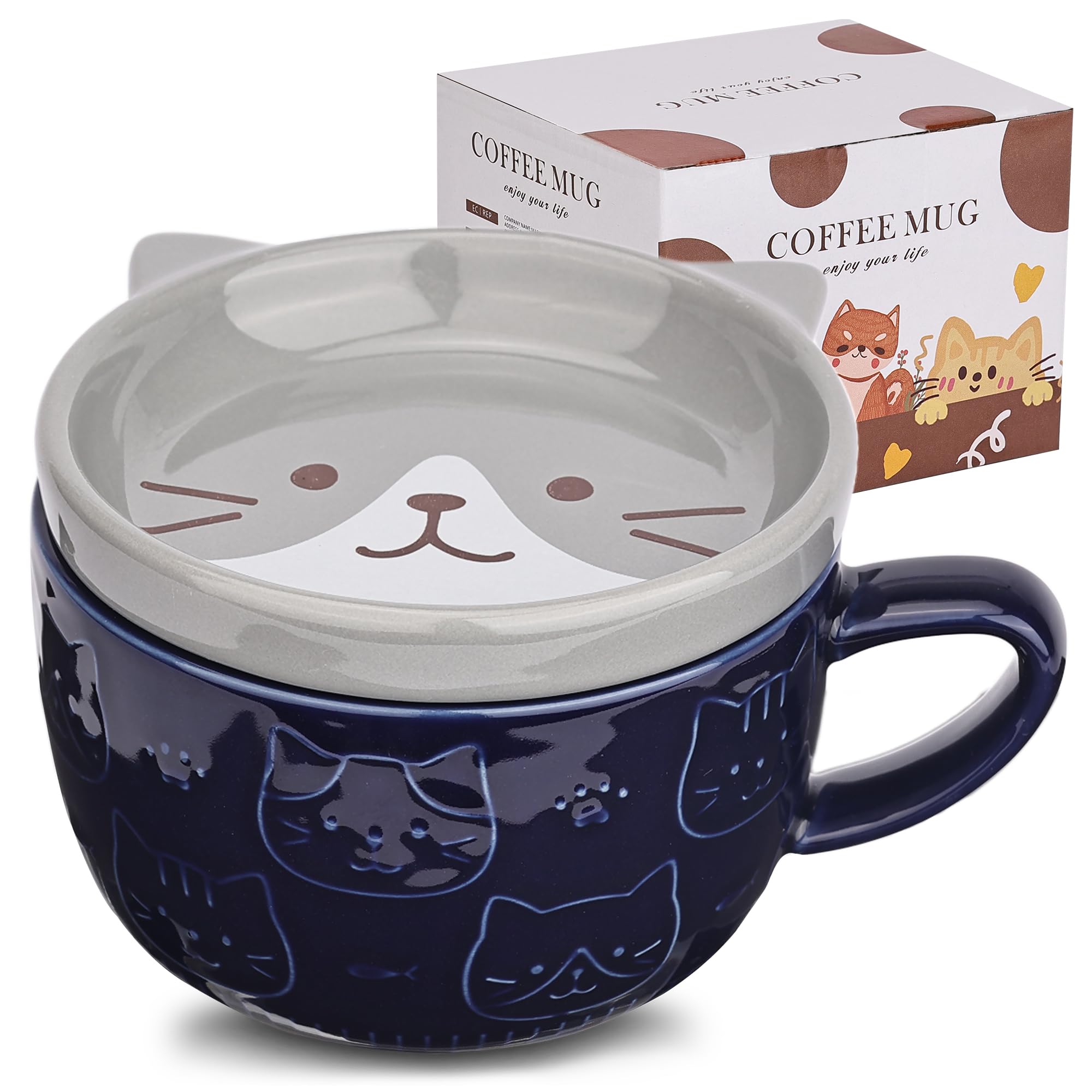 Cute Ceramic Cat Coffee Mug with Lid, Coffee Mug or Tea Mug for Cat Lovers, Funny Novelty Cat Breakfast Cups for Women, Friends, Children, Christmas, Birthday Gift, 300 ml