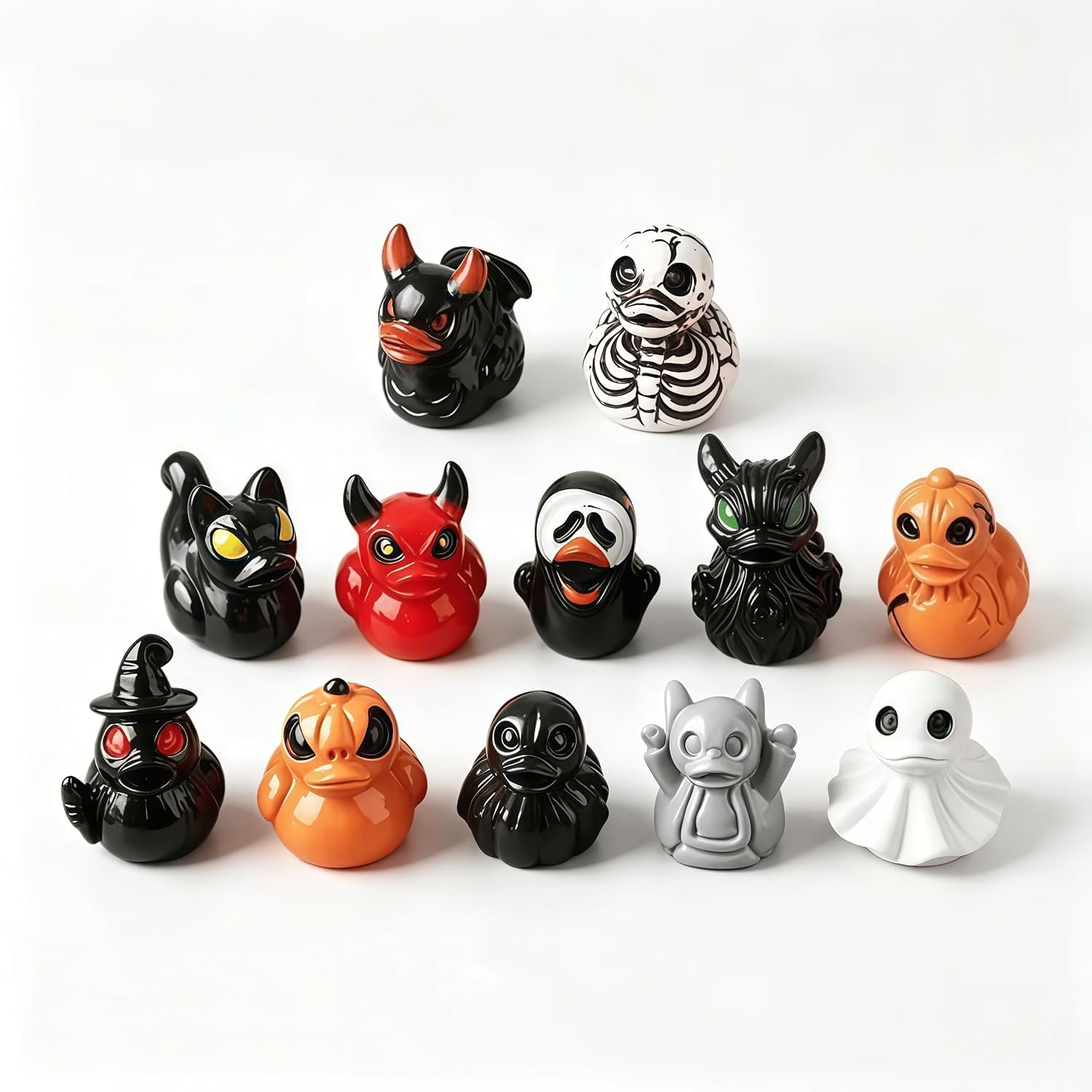 TASBER 12Pcs Halloween Mini Resin Ducks, Assorted Ghost Skeleton Pumpkin Duck Figurines, Cute Halloween Decorations for Party Favors, Crafts, Table Decor & Fairy Garden