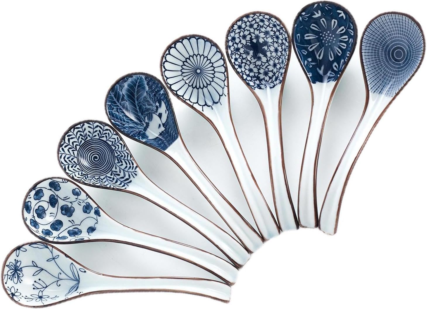 Ceramic Asian Soup Spoons, Easy to Hold, Long Handle Perfect Depth Spoon Set for Japanese Ramen Noodles, Chinese Dumpling, Pho, Miso, Wonton, Dishwasher Safe -Set of 8 - Blue