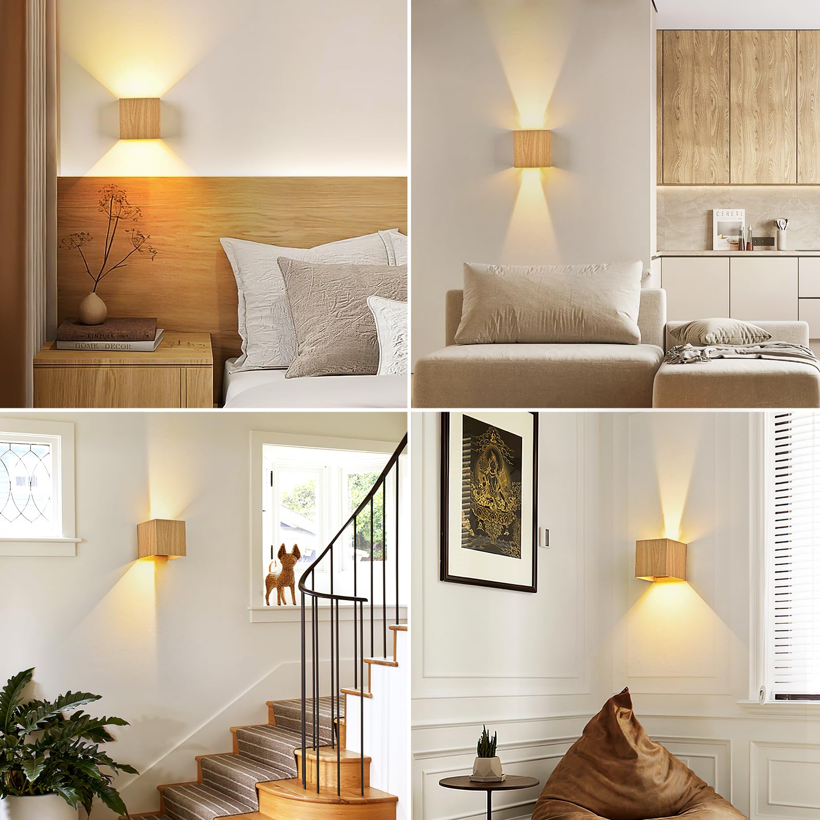 Applique Murale LED Extérieure Intérieur 6W Bois, Éclairage Mural LED Imperméable IP65 Blanc Chaud 3000K, Lampe Murale Moderne Up Down Luminaire pour Escalier Entrée Terrasse Dangle, 2PCS