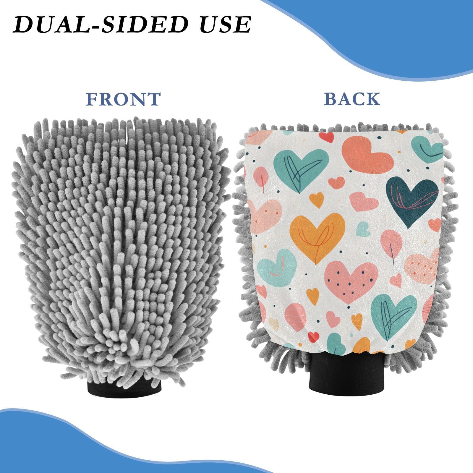 IOACIY Absorbent Microfiber Car Wash Drying Mitts, 2 Pack, Scratch-Free & Lint-Free, Rich Foam, Highly Absorbent, Double Sided, Wash Mitt Perfect for Car Washing, M, Cute Illustration Heart