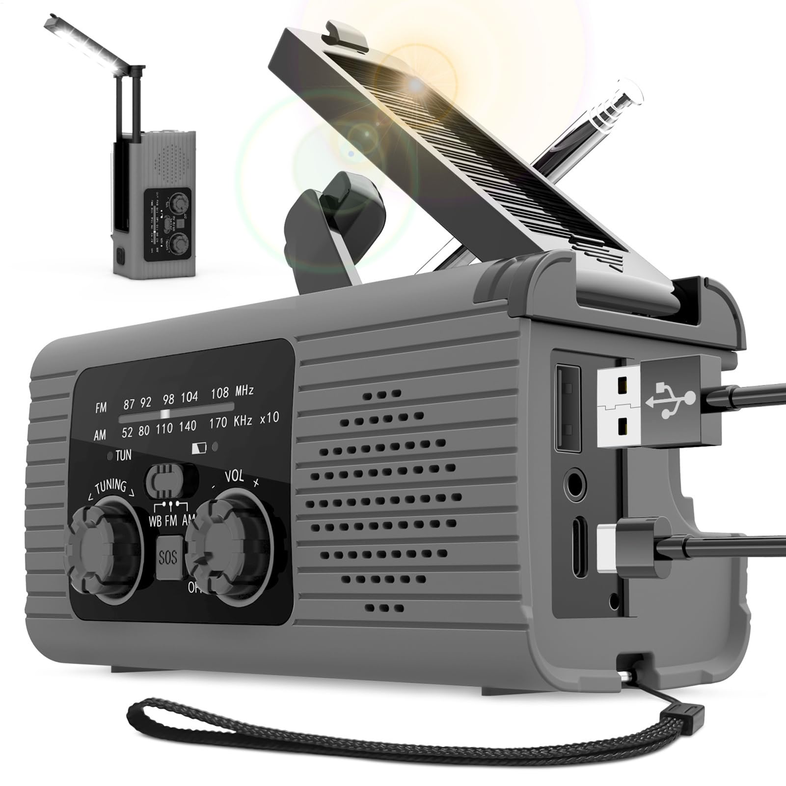 Radio Solar De Emergencia, Radios Emergencia con Manivela, Radio Portátil Am/FM/NOAA De Cuerda - Radio Linterna De 3 Vías De Carga SOS Alarma Radio Banco De Energía para Viajes Largos Viajes