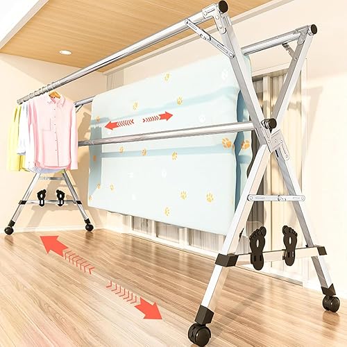 Miniatura 5 de Tendedero de ropa de 63 pulgadas, de acero inoxidable, con ruedas, plegable, para uso en interiores y exteriores, terraza, sótano, lavadero (94