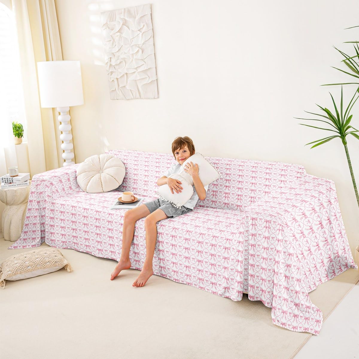 Homewish Pokrowiec na kanapę z różową kokardą dla dzieci nastolatków - urocza wstążka kokarda pokrowiec na sofę dla dziewcząt kawaii akwarela kokardki ochraniacz na kanapę różowy biały księżniczka