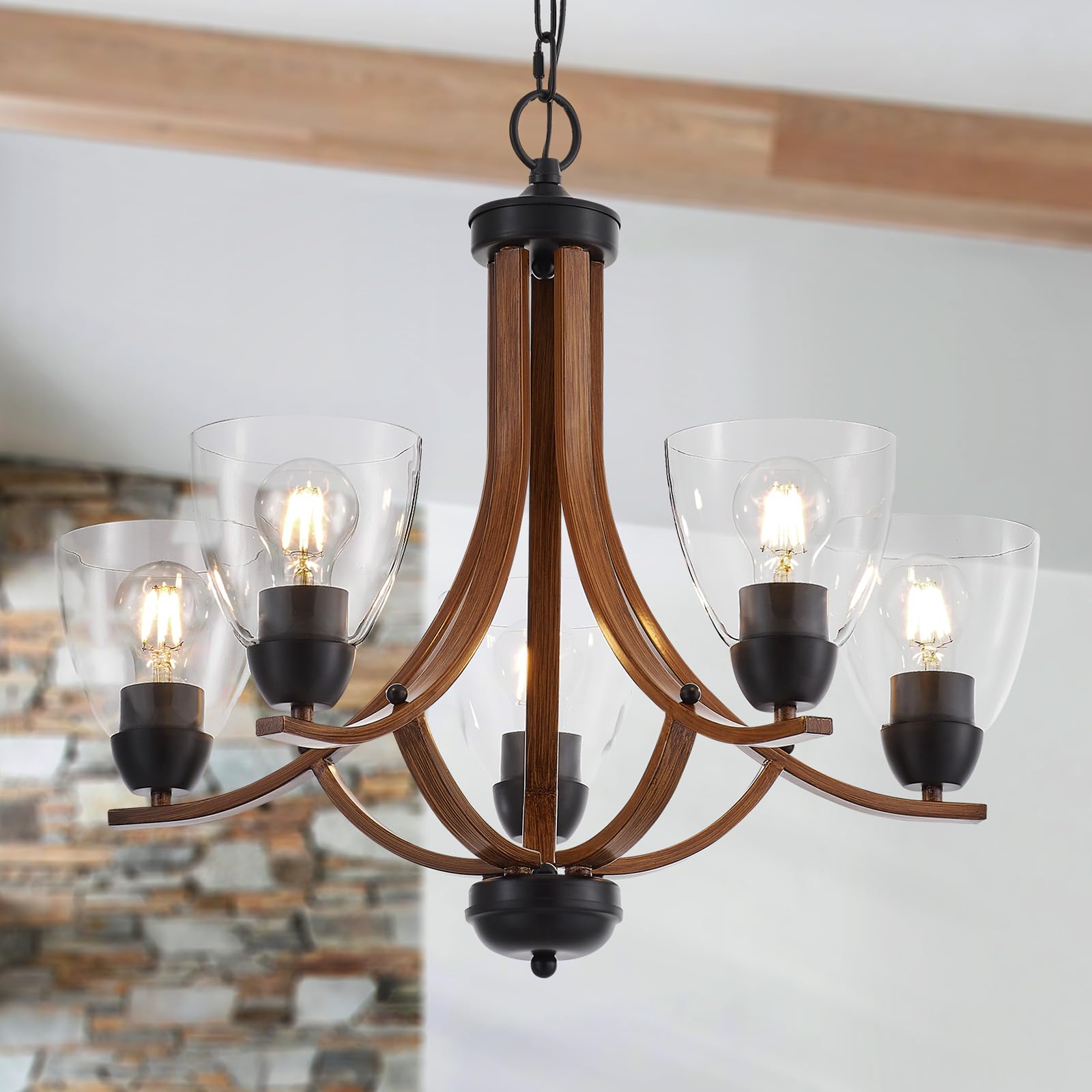 Farmhouse 5-Lights Wooden Chandelier with Glass, Vintage 24.8" Candle Style Chandelier, Industrial Retro Glass Chandelier Light Fixture for Dining Room, Kitchen Island, Living Room