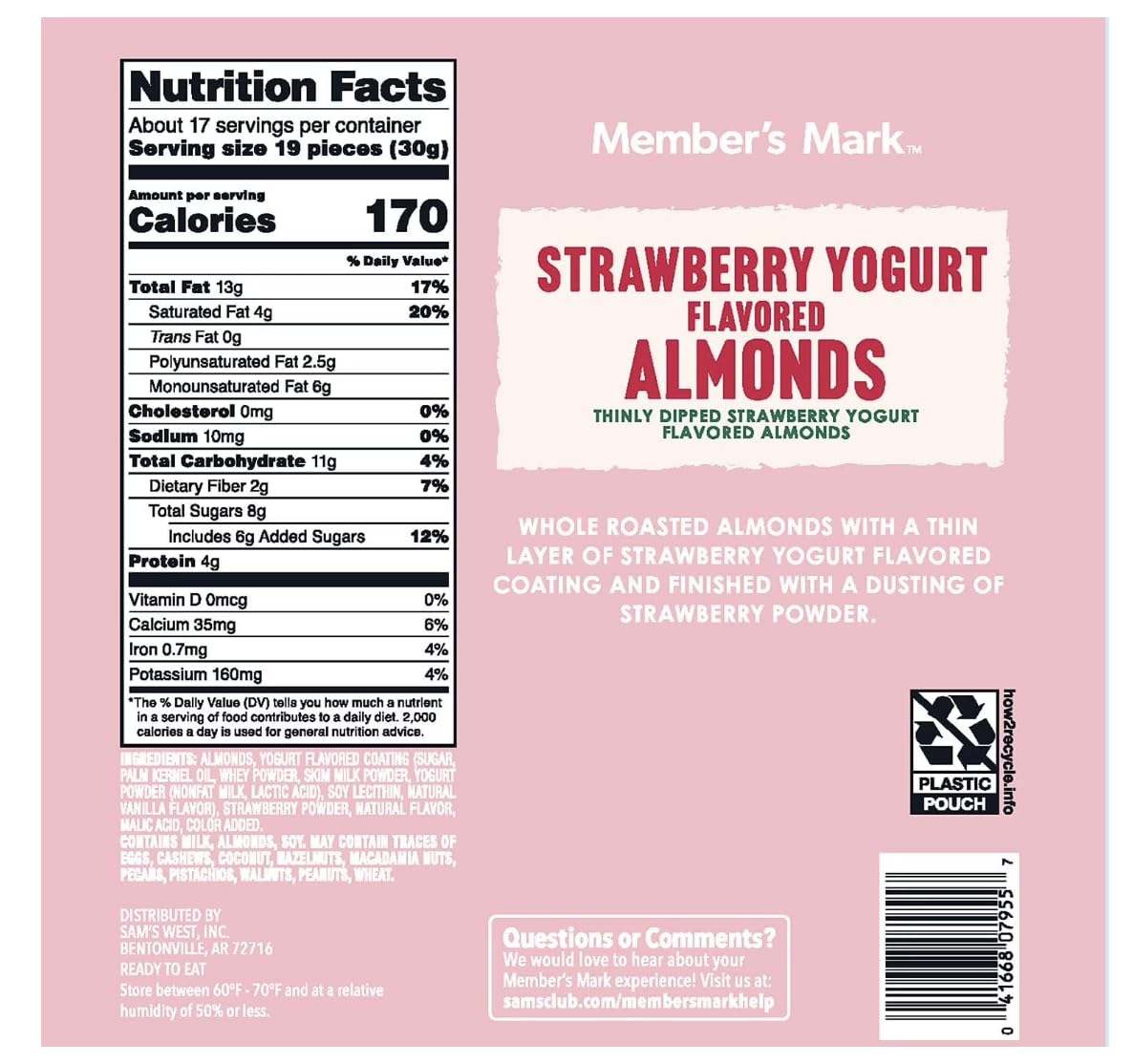MM Strawberry Yogurt Almonds, 17.5 oz x 2 Packs, Roasted Almonds with Sweet Strawberry Yogurt
