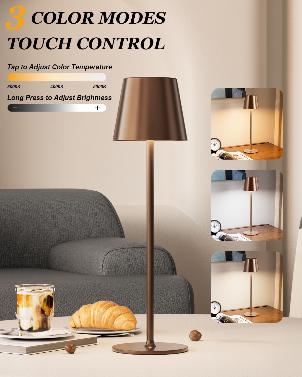 Aooshine Cordless Table Lamps Set of 2, Touch Lamps with 3-Color Modes, Wireless Touch Control Bedside Lamps for Bedroom (Brown) - Image 2