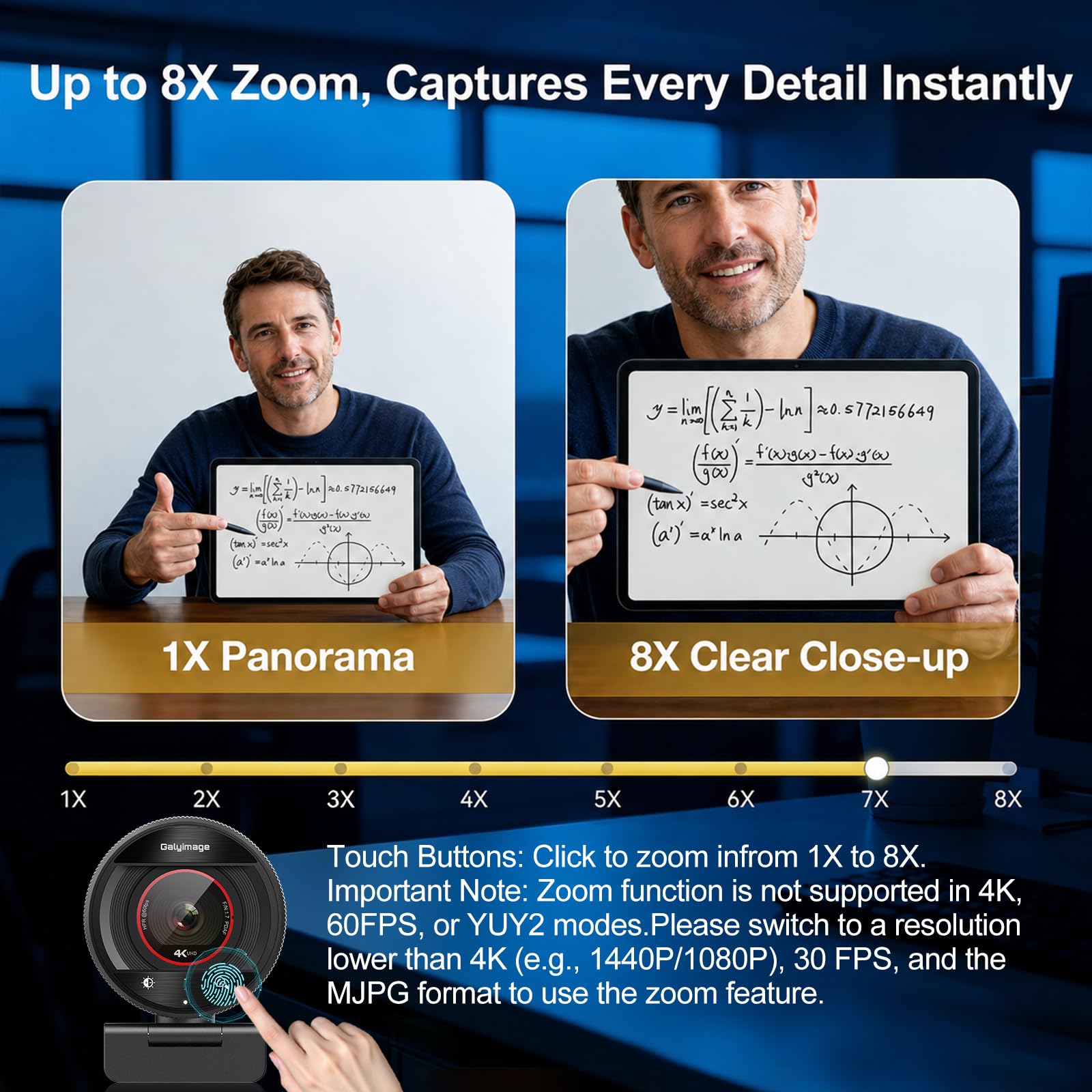 Webcam per PC 4K, messa a fuoco automatica PDAF, 1080p a 60fps, doppio microfono con cancellazione del rumore, zoom digitale 8X FOV 73°, copertura della privacy, telecamera Web plug&play per