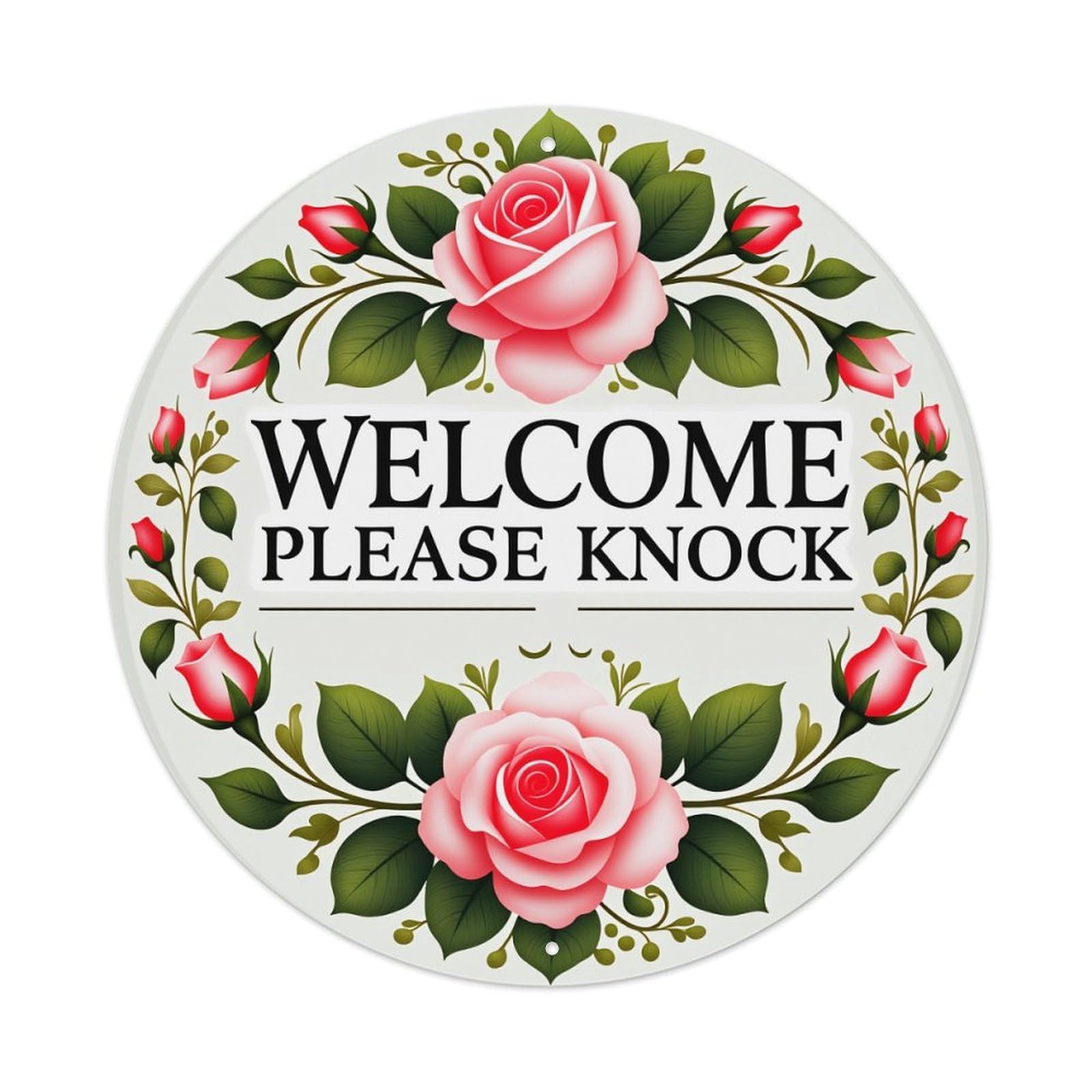 Rose Floral Welcome Sign With Pink Roses And Green Leaves Round Vintage Tin Sign,Retro Wall Art,Metal Poster for Home, Bar, Garage, Cafe, Rustic Indoor & Outdoor Decor, 8x8 Inches