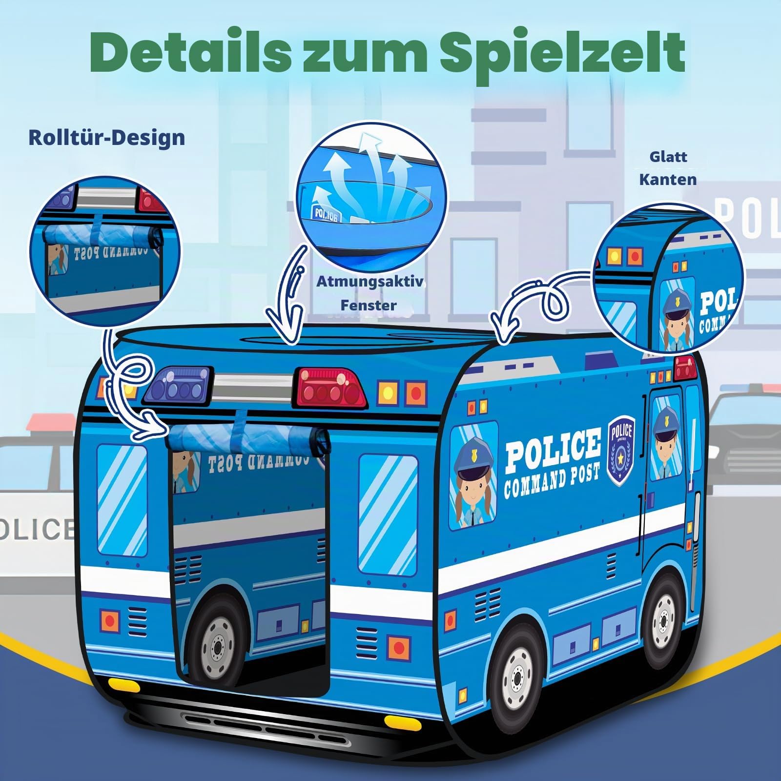 deAO Kinderzelt Pop up Spielhaus – Faltbares Kinderspielzelt für Jungen & Mädchen ab 3-8 Jahre – Indoor Outdoor Spielzelt mit Fenster– Ideale Geschenkidee zum Geburtstag für kleine Polizisten