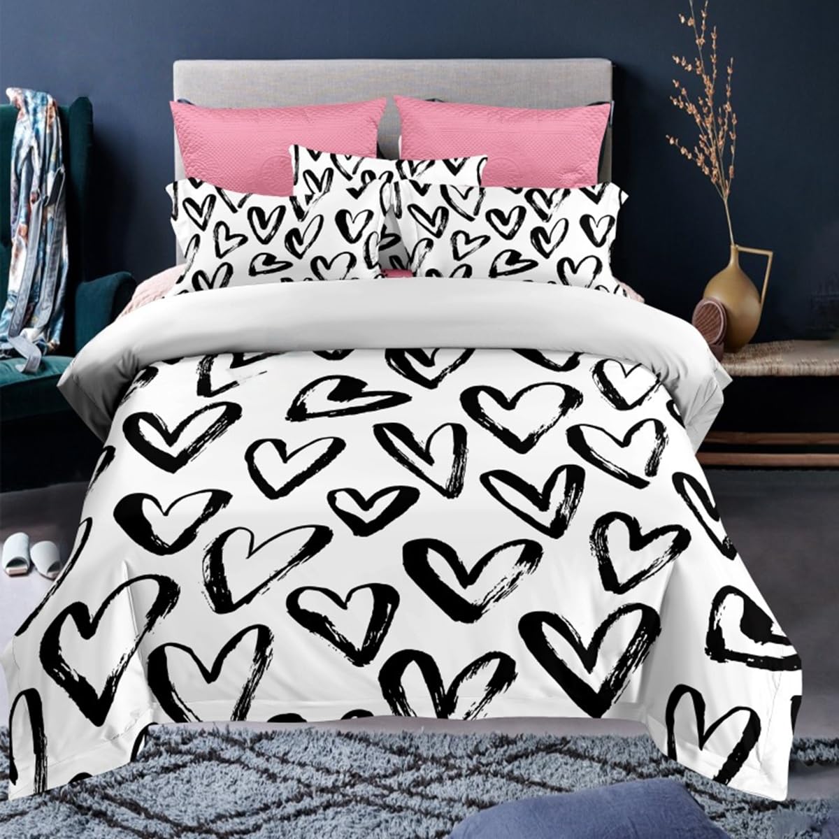 Housse de couette motif coeur noir et blanc dessin fait main pour un lit cosy