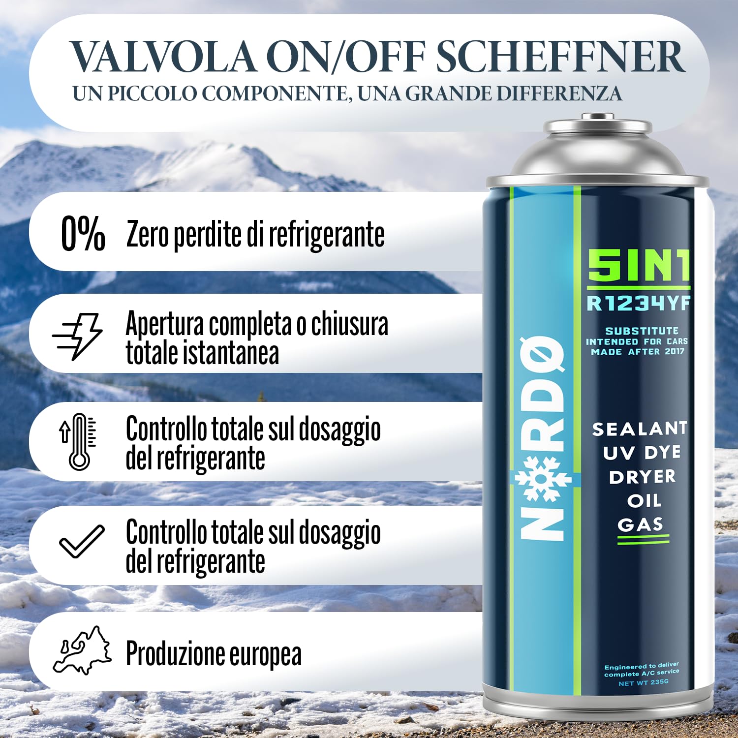 Nordo - Kit climatizzatore R1234yf – 1x 3in1 + 2x refrigerante 5in1 in bombole con olio, sigillante, colorante UV e disidratante – con tubo e adattatore YF