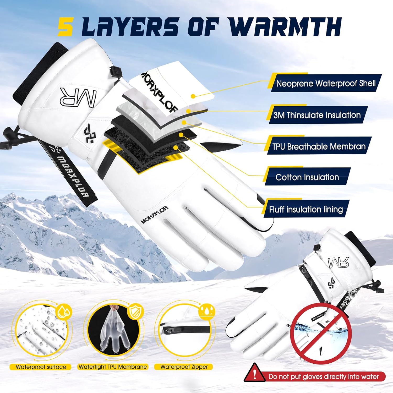 Ski Snow Gloves for Men Women,3M Thinsulate Insulated Warm Winter Snowboard Windproof Winter Touchscreen Snowmobile Gloves for Cold Weather - Image 4