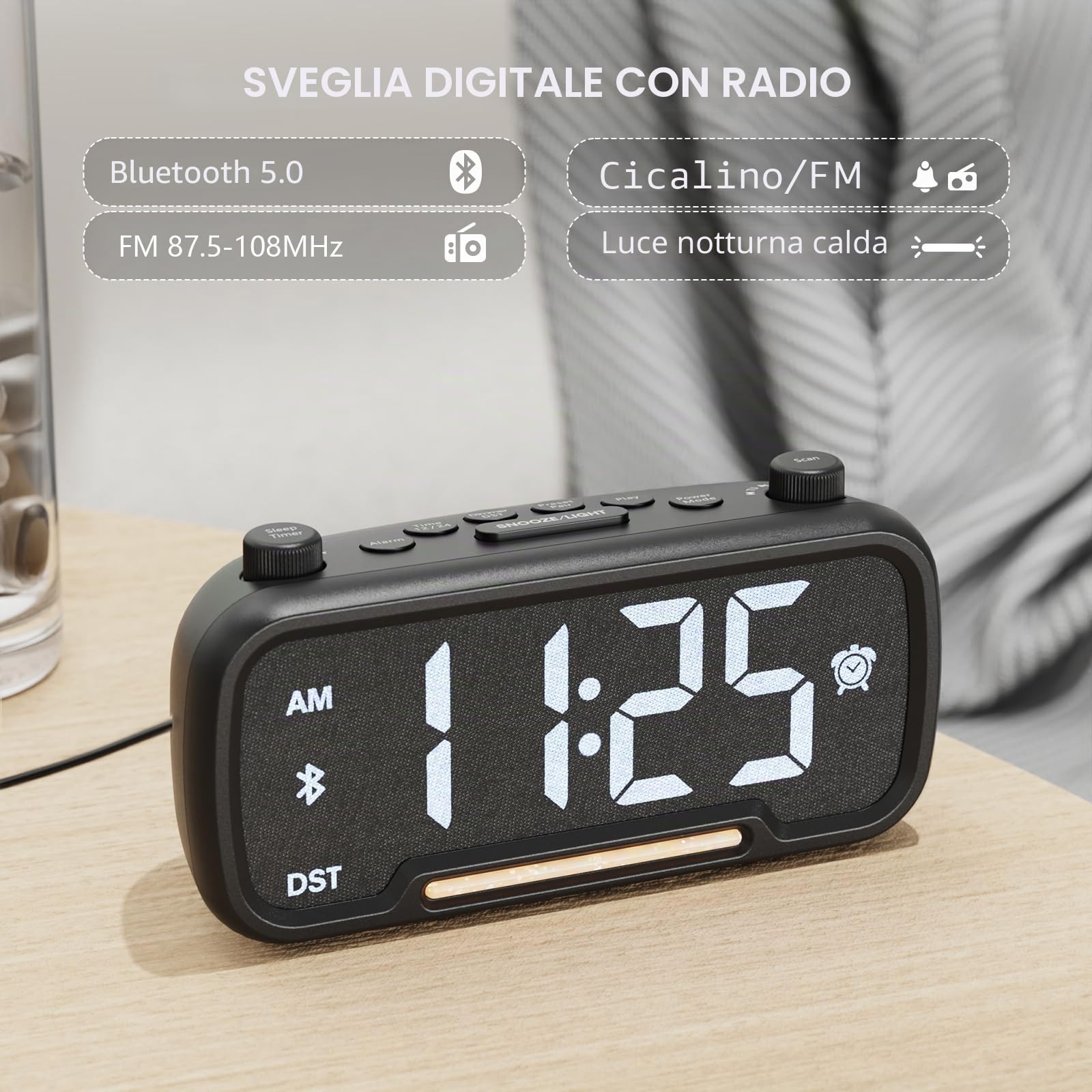 Radiosveglia Digitale da Comodino, FM Radio Sveglia con Luce Noctturna, Altoparlante Bluetooth, Porta USB & Type C, Snooze, Volume e Luminosità Regolabili, Sveglia per Sordi | Bambini | Adolescenti
