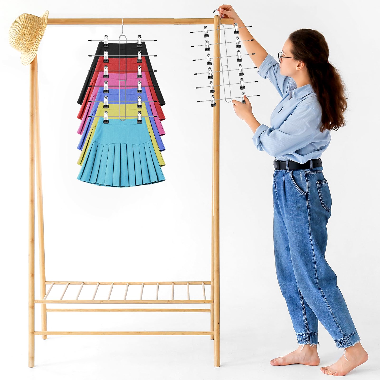 Perchas de falda de 6 niveles que ahorran espacio, paquete de 2 perchas para pantalones y faldas con clips para armario de mujer, organizador de armario antideslizante y almacenamiento de múltiples