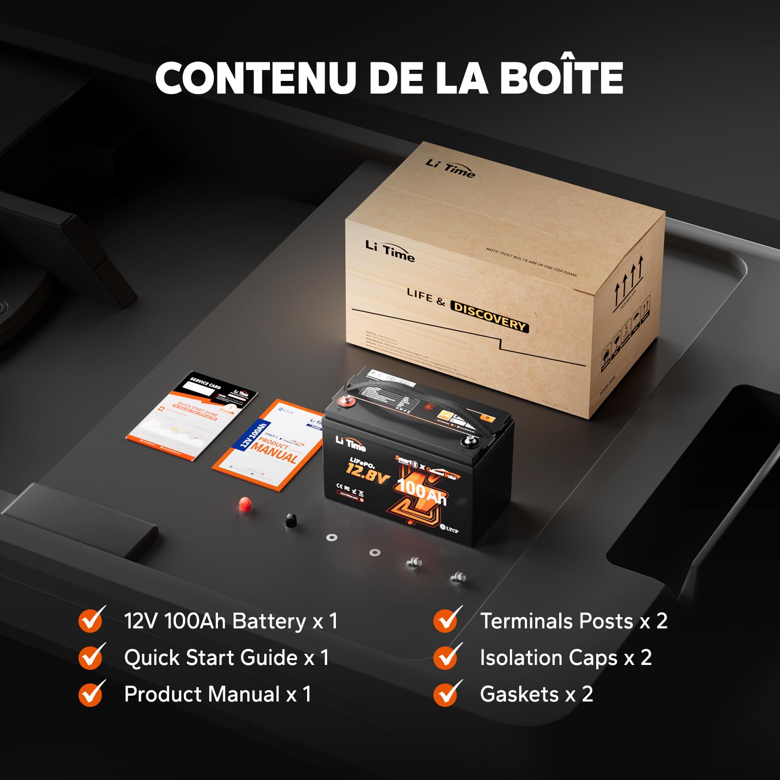 LiTime Batterie Lithium 12V 100Ah Bluetooth pour Moteur Electrique Bateau | LiFePO4, 100A BMS, Max. 15000 Cycles, Énergie 1280Wh, IP65, Protection Anti-froid, Max 4P4S, pour Bateaux, Yachts, Pêche